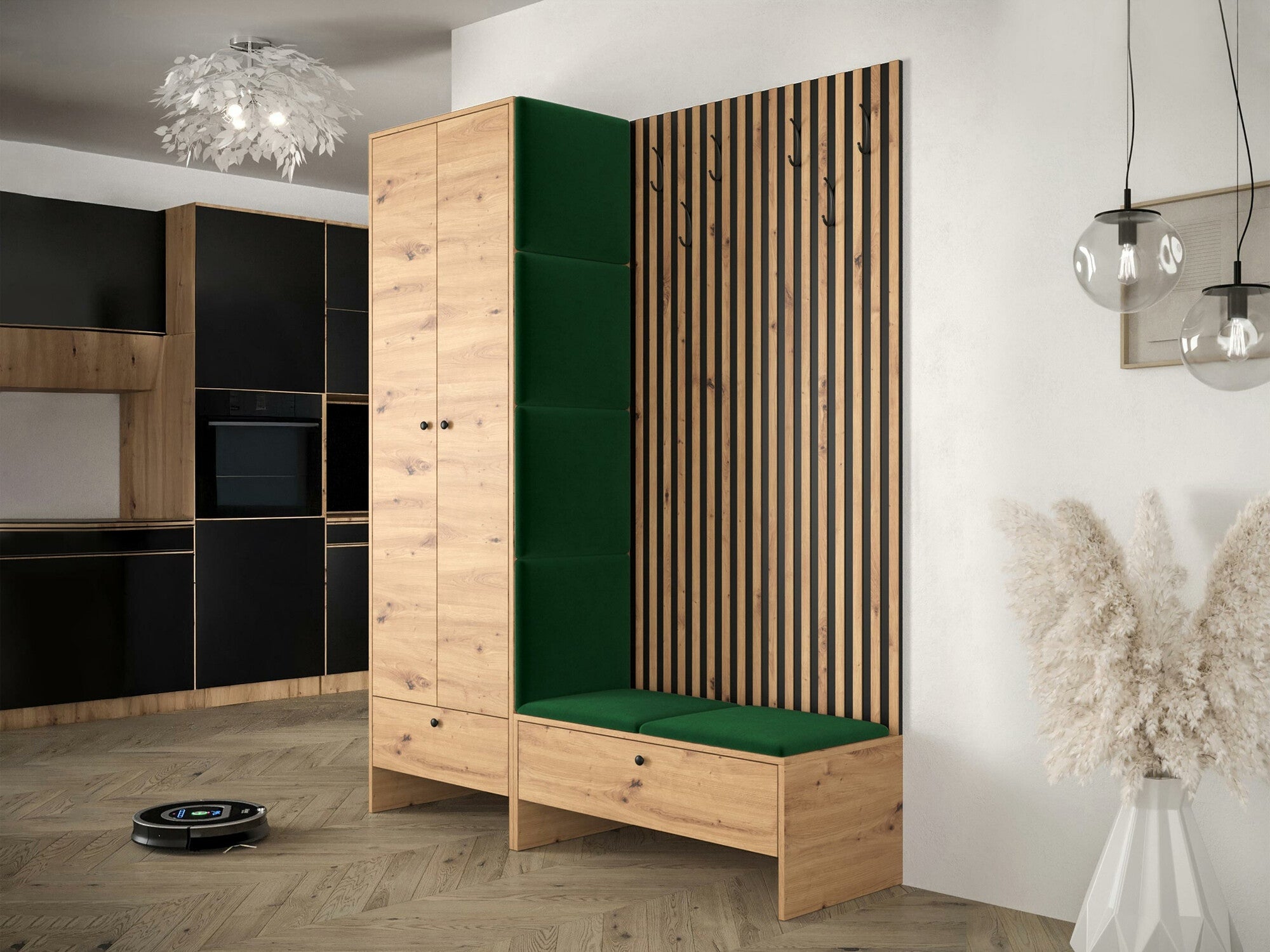 Meuble d'entrée Donio III, 206x145x44cm, Chêne Artisan, Noir, Stratifié, Tissu, À poser - 2