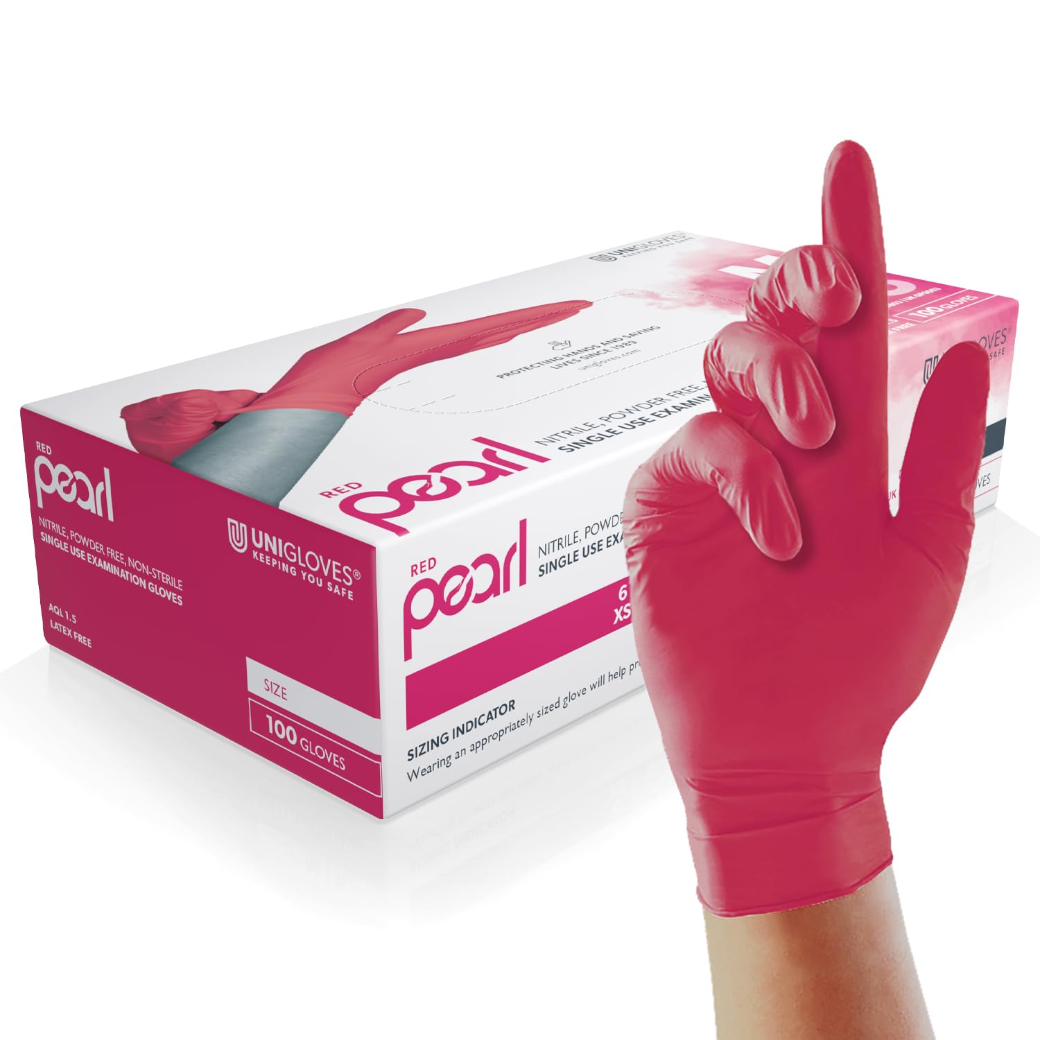 Unigloves Guanti In Nitrile Rosso Perlato, Senza Polvere, Punta Delle Dita Ruvida, Confezione Da 100, CAT III