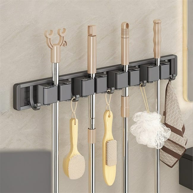 Organizer Da Parete Per Scope E Mop: 3 Ripiani + 4 Ganci, Adesivo O Viti, In Acciaio Inox, Per Cucina E Garage