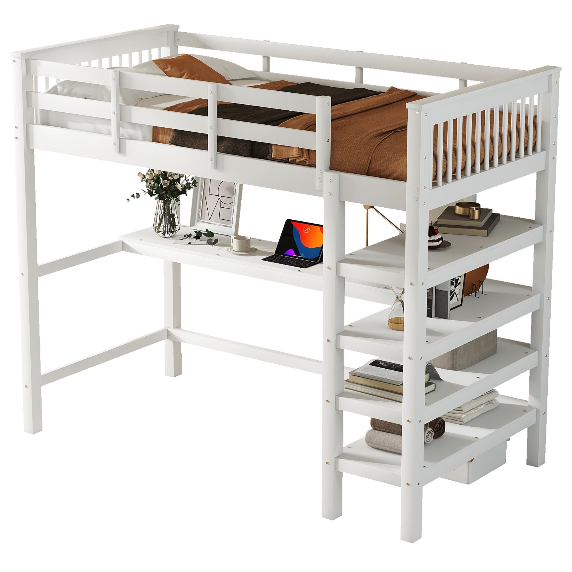 Cama alta 90 x 200 cm com secretária e prateleiras de arrumação - Madeira de pinho + MDF - Branco - 5
