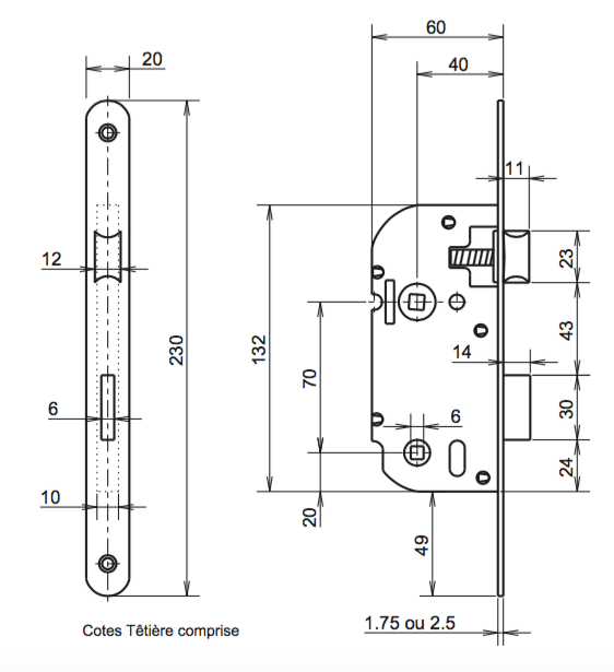 Serrure de Porte Noire à Encastrer Bouton Axe 40 mm à condamnation Reversible - 2