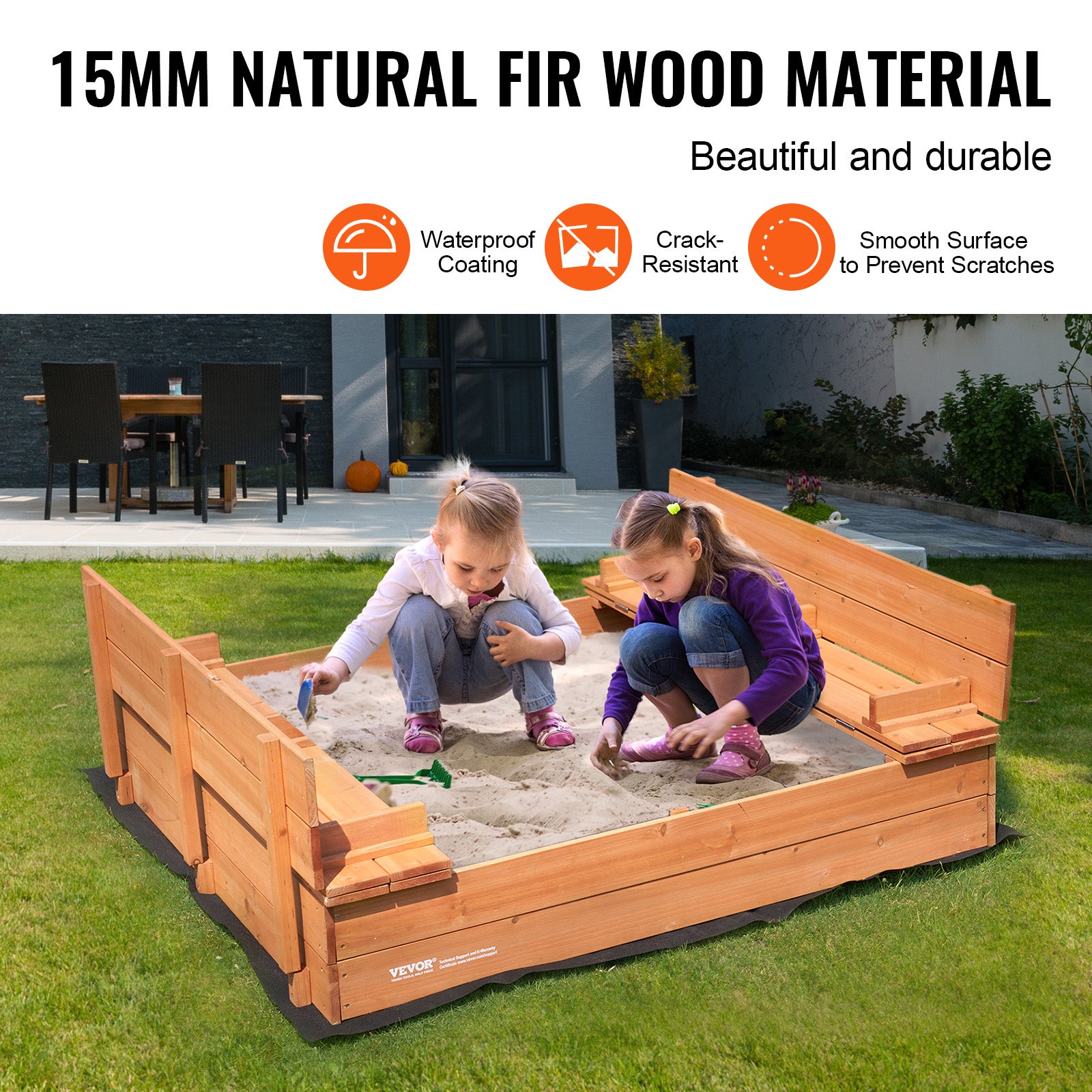Bac à sable en bois naturel,VEVOR 1330 x 1200 x 430 mm,bac à sable avec banquettes pliables et doublure inférieure,pour jardin extérieur,plage,parc - 3