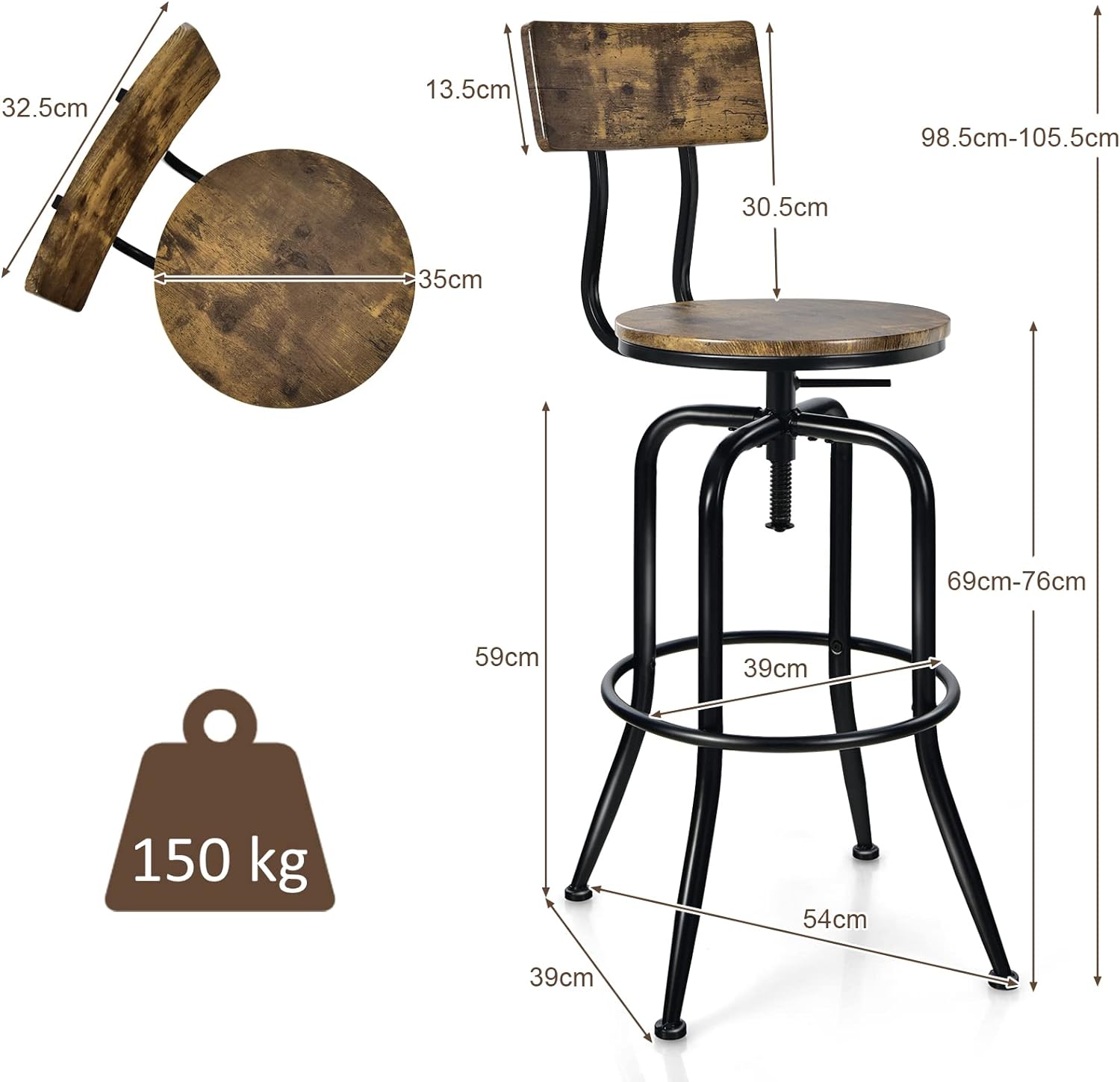 Lot de 2 Tabourets de Bar, Hauteur Réglable de 69 à 76 CM, Chaise Haute Bar avec Dossier Détachable et Repose-Pieds, Cadre en Métal - 3