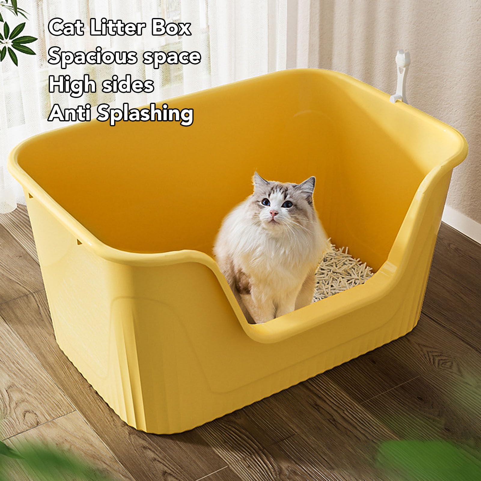 Caixa de areia para gatos grande, laterais altas, antirrespingos, fácil de limpar, aparência simples, caixa de areia para gatos grandes (amarelo) - 8