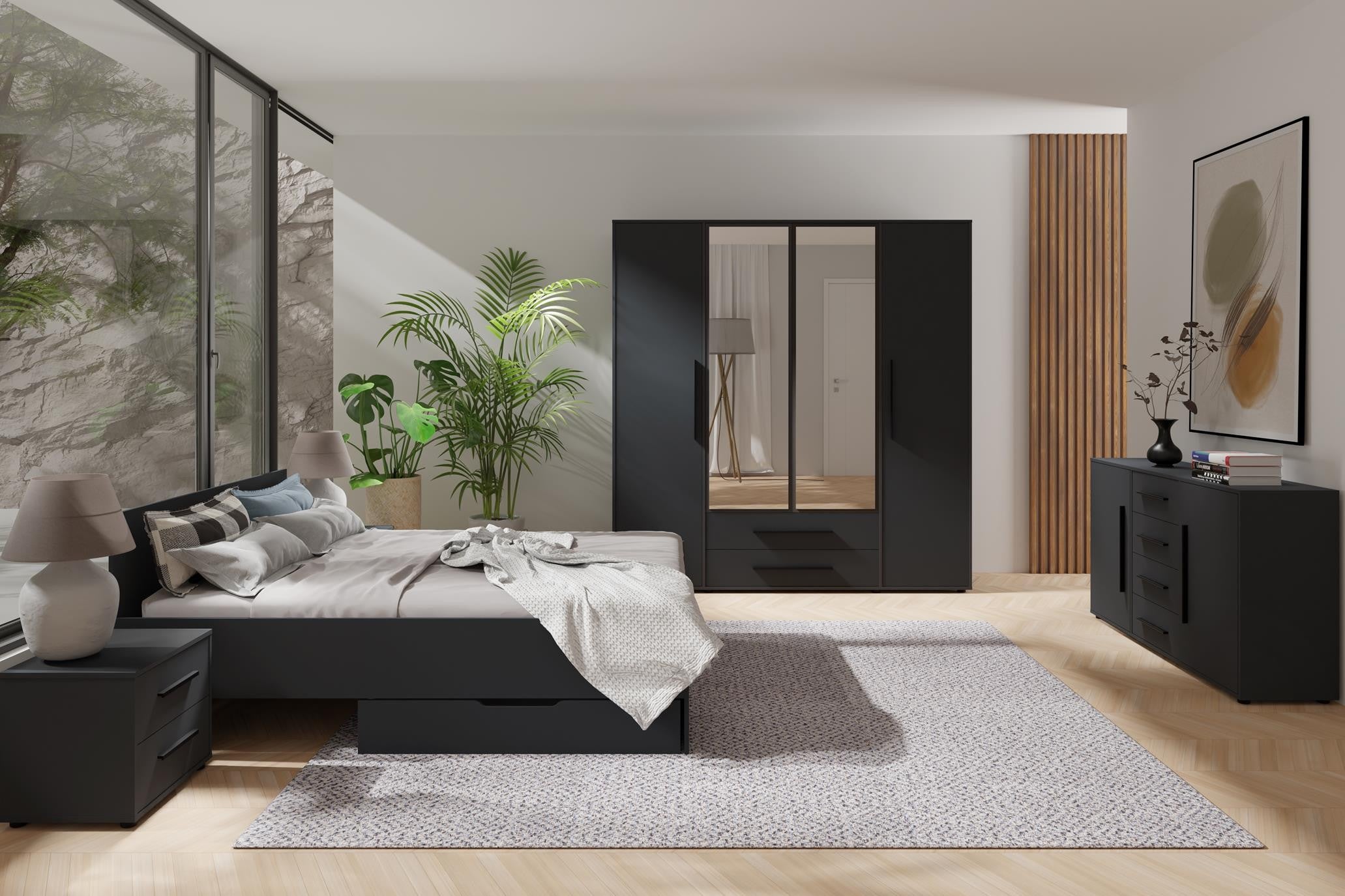 Elegancka Czarna Szafka Nocna MAXIVO z 2 Szufladami i Stylowymi Uchwytami - 3