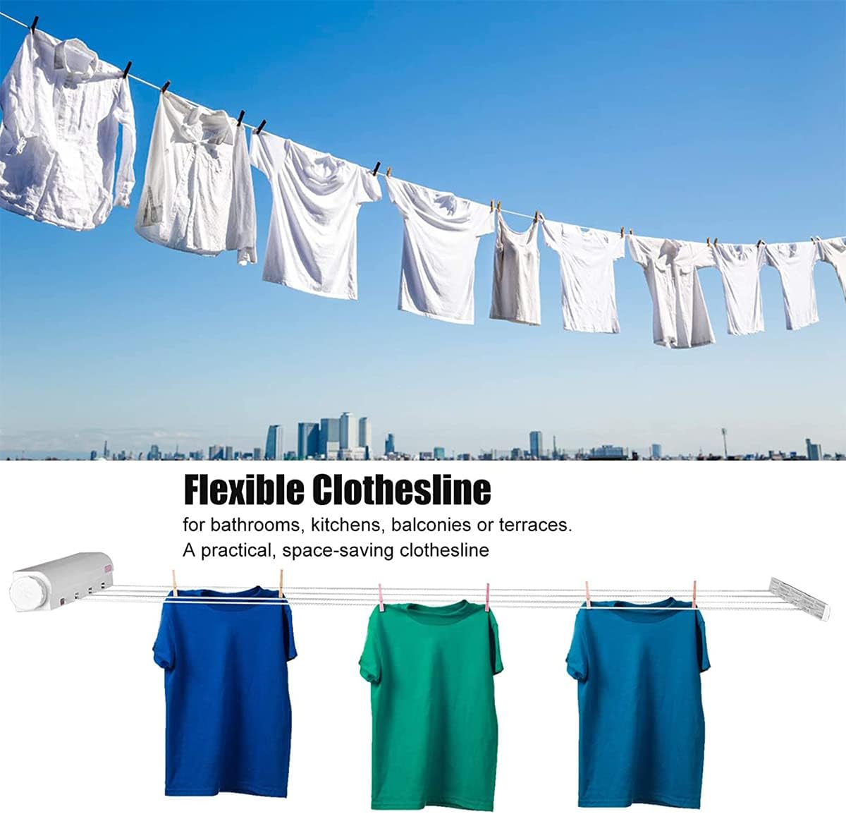 2 PCS Corde à linge rétractable, corde à linge portable murale extensible compacte, salcons ou terrasses usage intérieur ou extérieur,3.75 m(5 Fils) - 8
