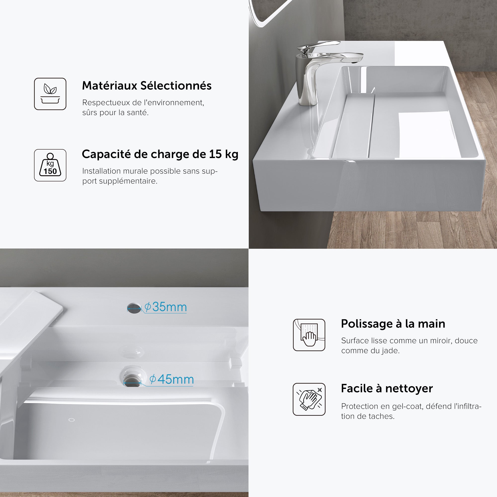 doporro Lavabo Suspendu Blanc 120cm Vasque à Poser Lave Mains Rectangulaire de Qualité pour Salle de Bain 120x48x13cm Colossum12 - 6