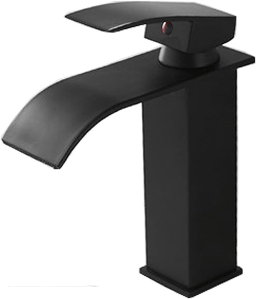 Czarny kran umywalkowy typu wodospad, montowany na blacie, mieszacz ciepłej i zimnej wody, pojedynczy uchwyt, pojedynczy otwór, rdzeń aluminiowy