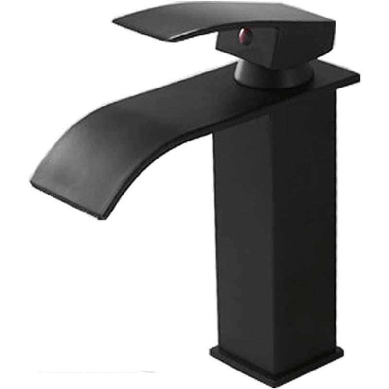 Czarny kran do umywalki typu wodospad, montowany na blacie kran z mieszaczem ciepłej i zimnej wody, jednouchwytowy kran z jednym otworem
