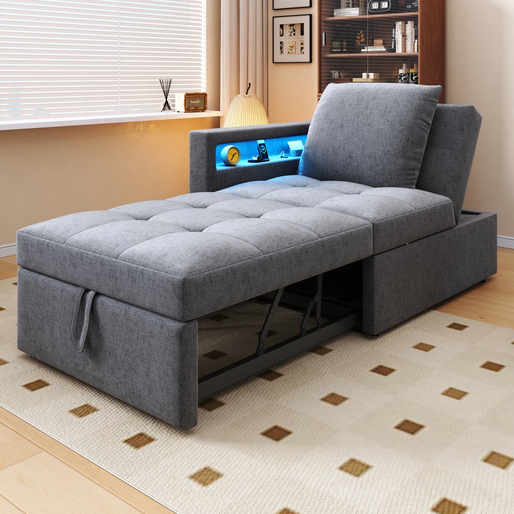 Sofa 3 w 1 z funkcją spania, pościel, regulowane oparcie, LED, USB-C, do małych przestrzeni