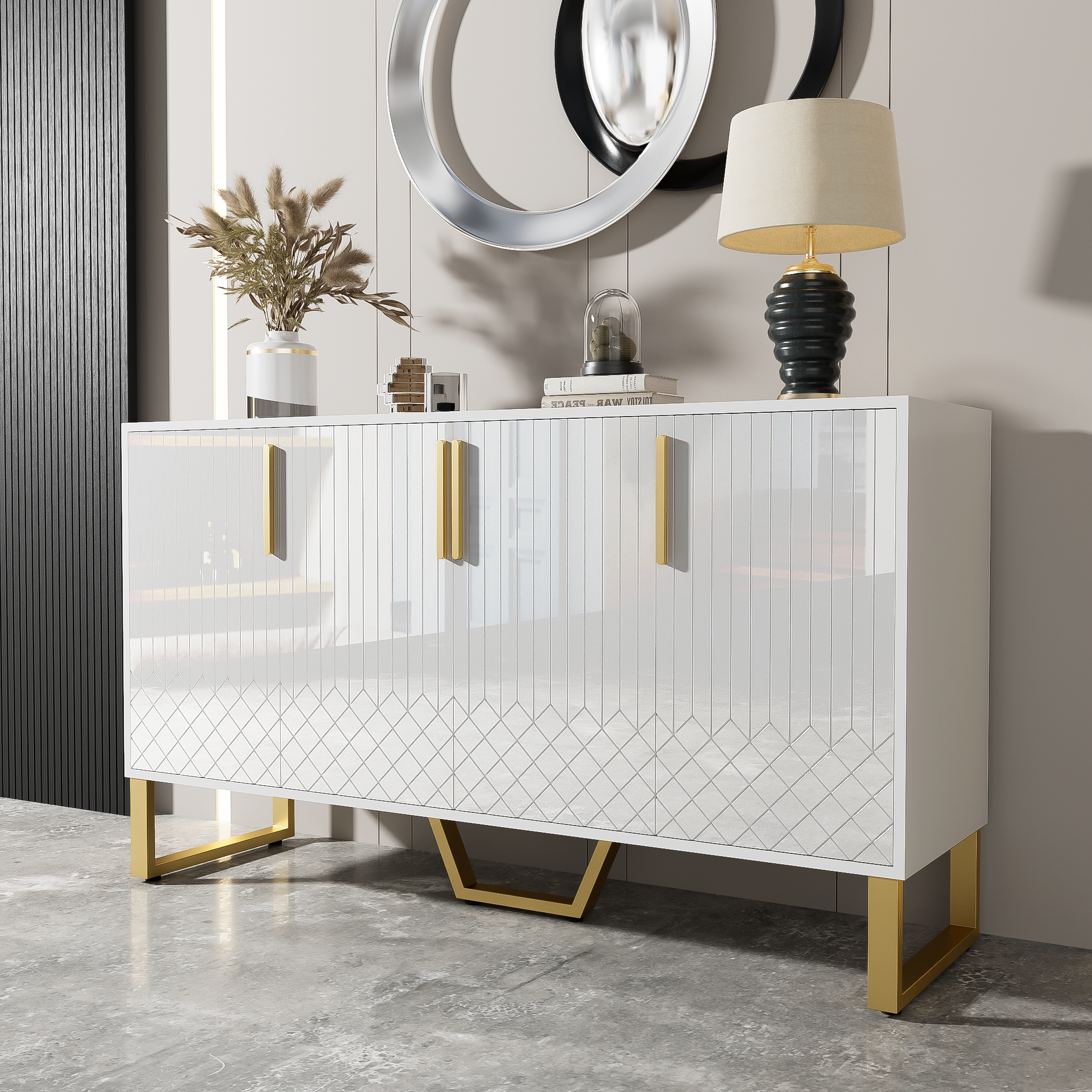 Komoda niska z 4 drzwiami - 140 szer. x 40 gł. x 80 wys. cm - drewno MDF i nogi z metalu w kolorze złotym - połyskująca biel