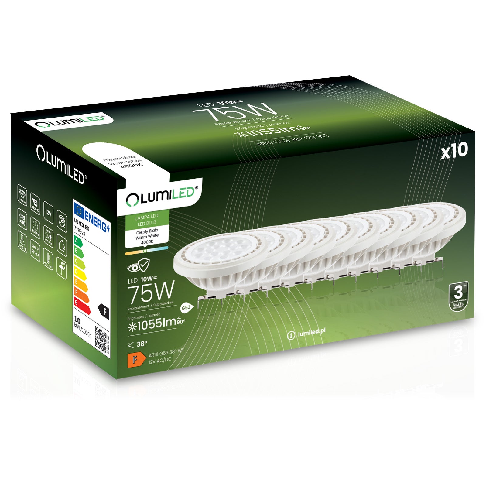 Żarówka LED Lumiled G53 Reflektor AR111 10W 1055lm 4000K Neutralna biel 38st 12V 10 szt.