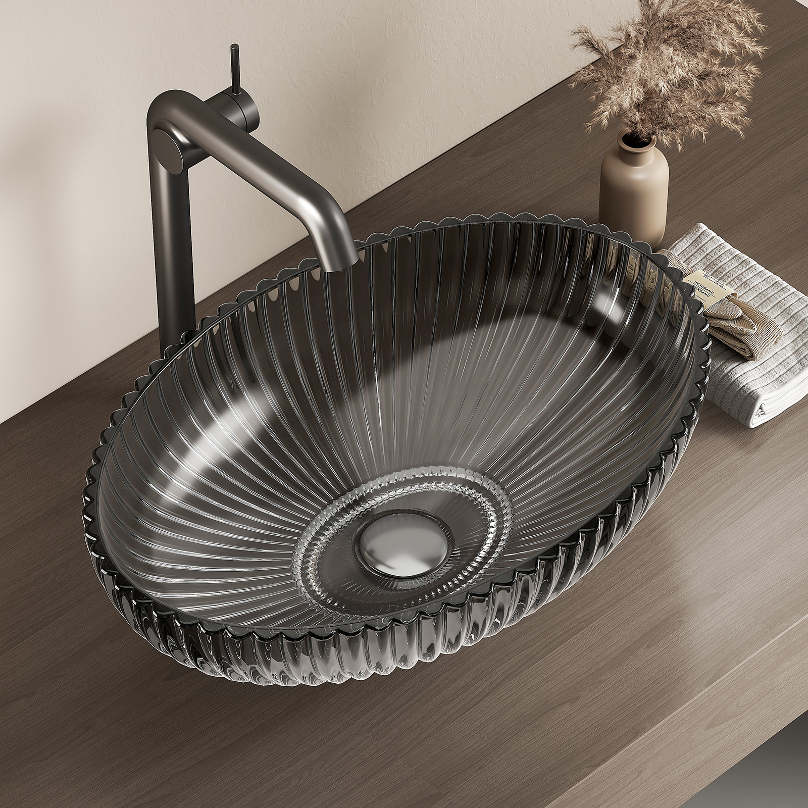 EMKE Umywalka nablatowa 51x35x15 cm, owalna umywalka z czarnego szkła, montaż nablatowy