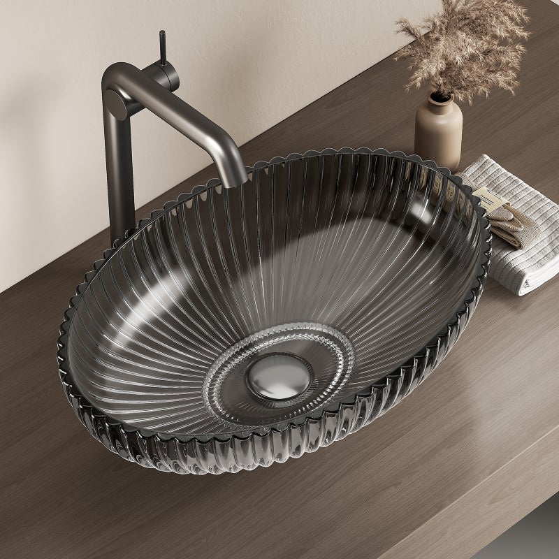 EMKE Umywalka nablatowa 51x35x15 cm, owalna umywalka z czarnego szkła, montaż nablatowy