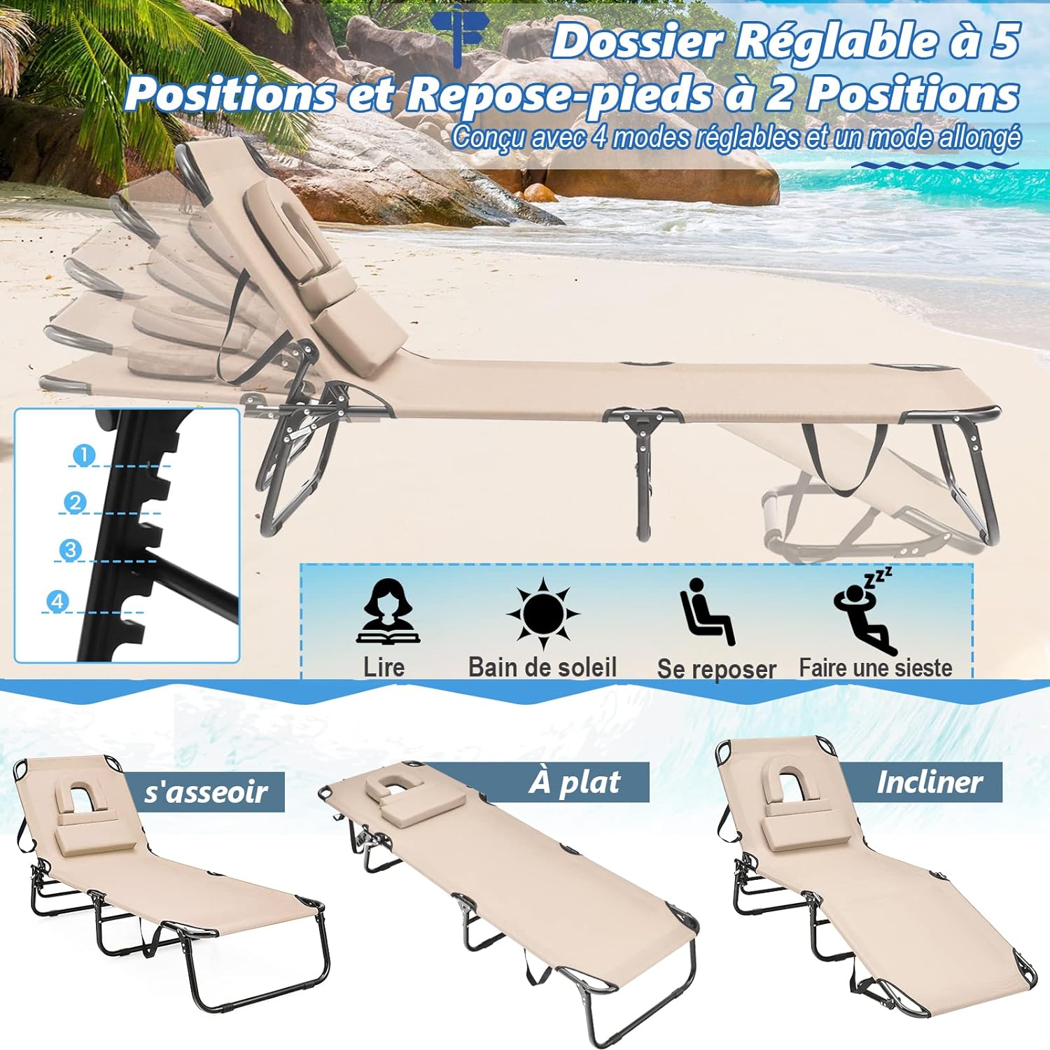 Transat Jardin Extérieur/Chaise Longue Pliante Réglable en 5 Positions, Bain de Soleil avec Trou pour Visage, 3 Coussins Amovibles, Charge 160 KG - 4