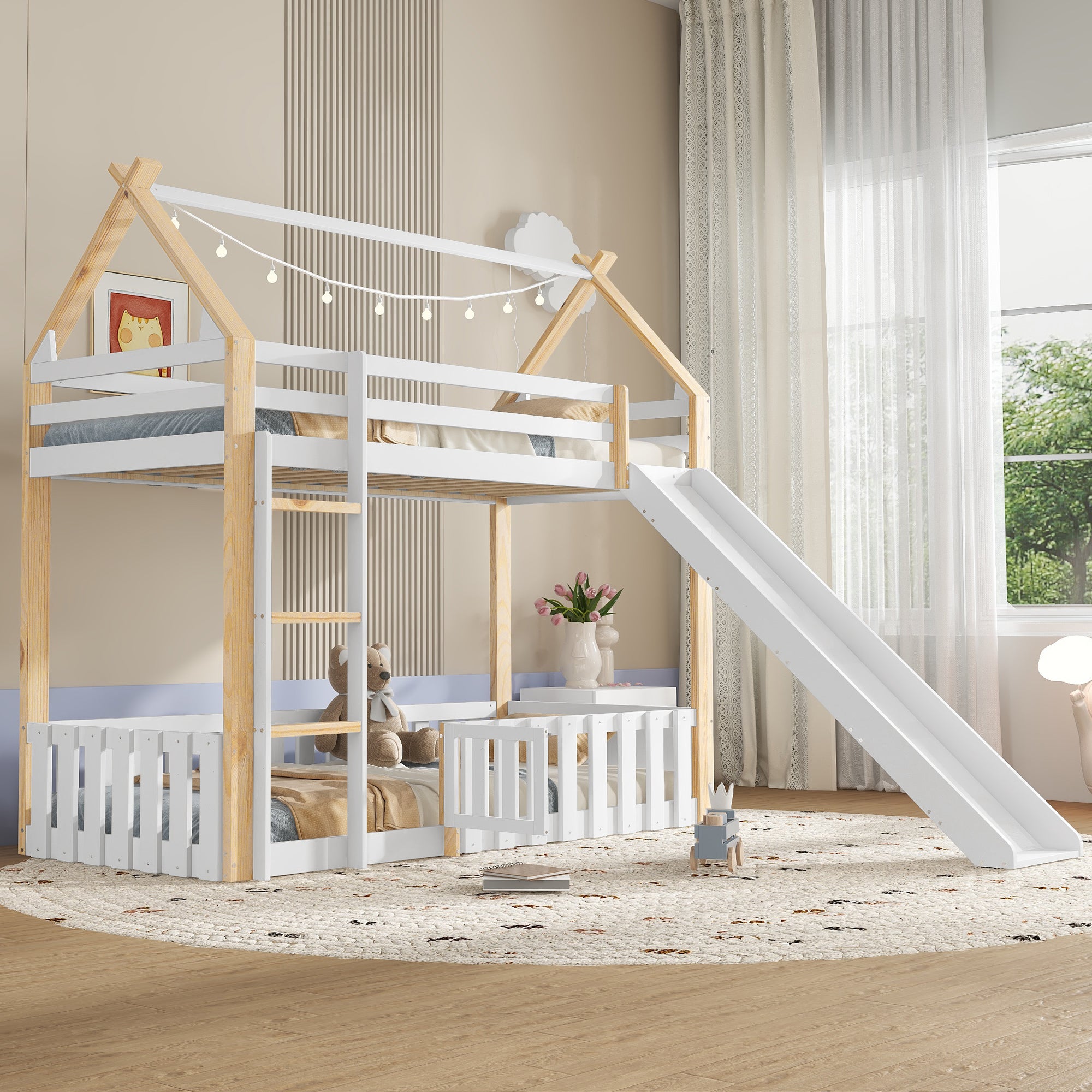 Łóżko piętrowe dla dzieci 90×200 cm - z barierką i zjeżdżalnią - z drabiną 3-stopniową - Drewno lite + MDF - białe (bez materaca)