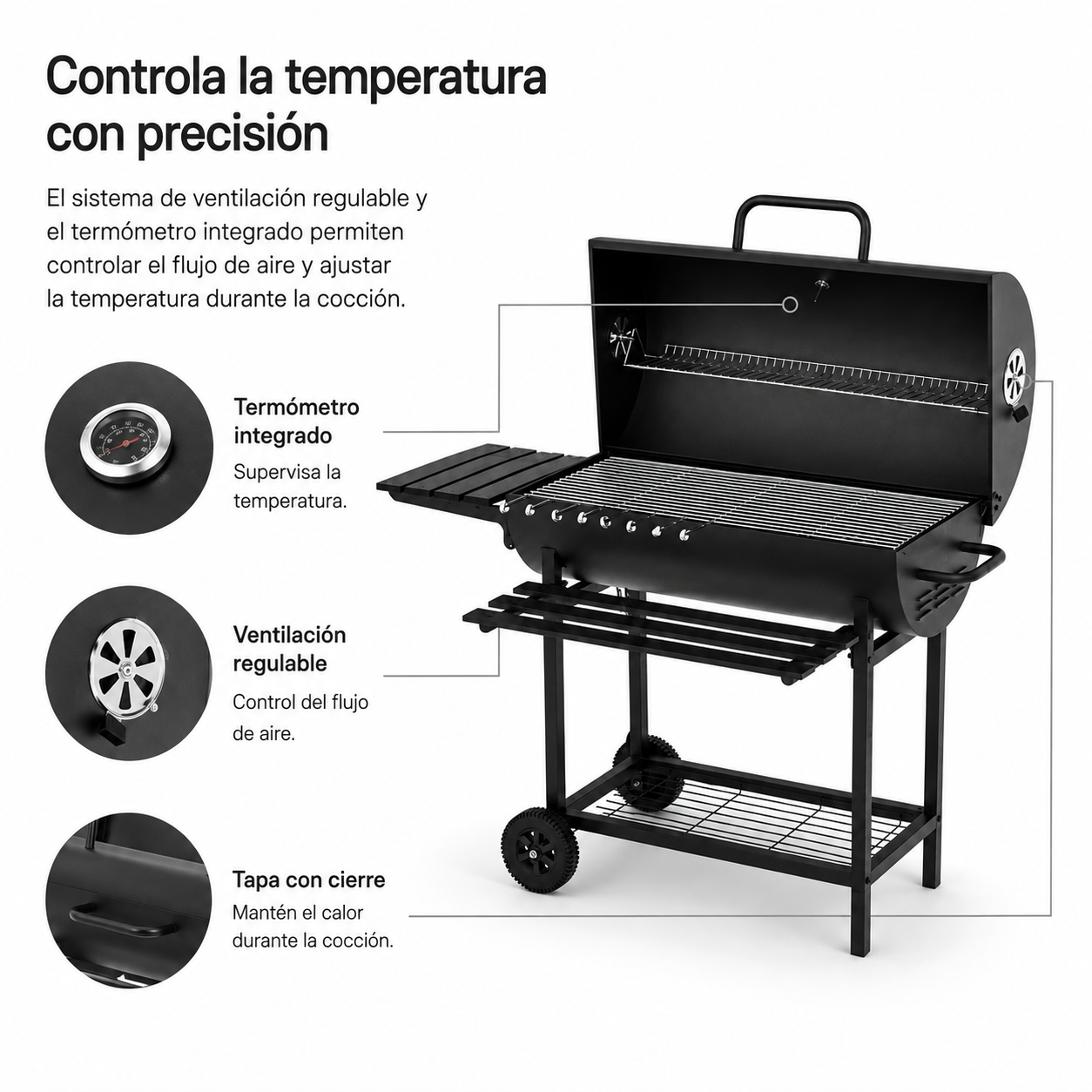 Barbecue au charbon avec couvercle et ventilation réglable pour jardin avec roues - 5
