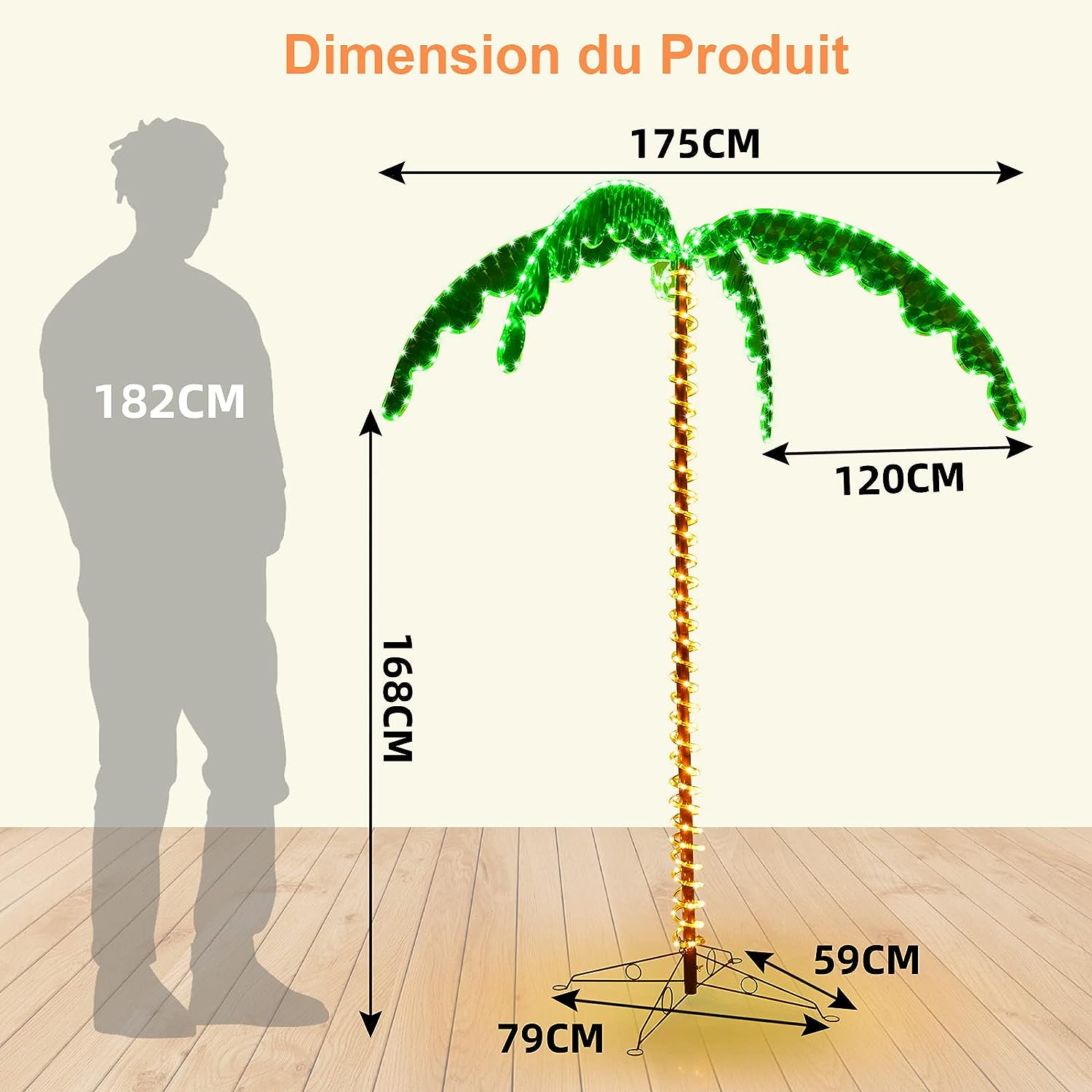 136/168 cm, sztuczna palma z diodami LED, składana podstawa, palma LED, do dekoracji ogrodu, na imprezę, do domu (175 x 120 x 168 cm) - 4