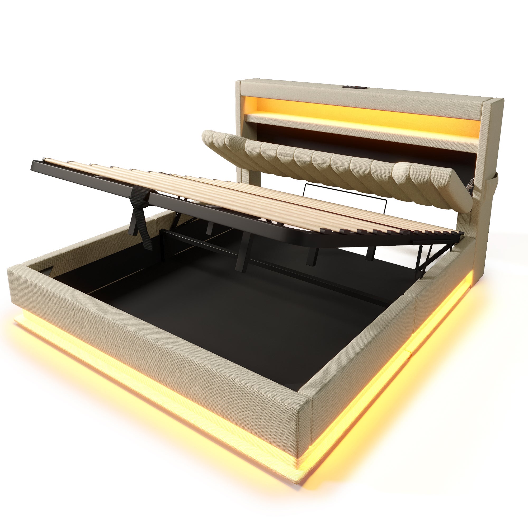 Lit coffre 160x200 cm, lit double hydraulique, tête de lit avec rangement comprenant des ports USB et Type-Cet lumière LED, beige, lin, Sans matelas. - 6