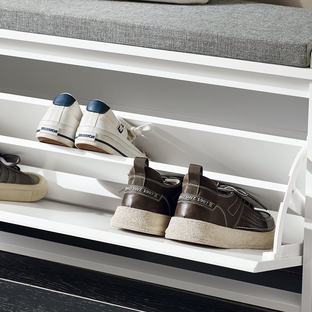 SoBuy Banc à Chaussures, Meuble à Chaussures, Meuble d'entrée, Assise Coussin Rembourré et Abattant, Blanc, FSR98-L-W - 5