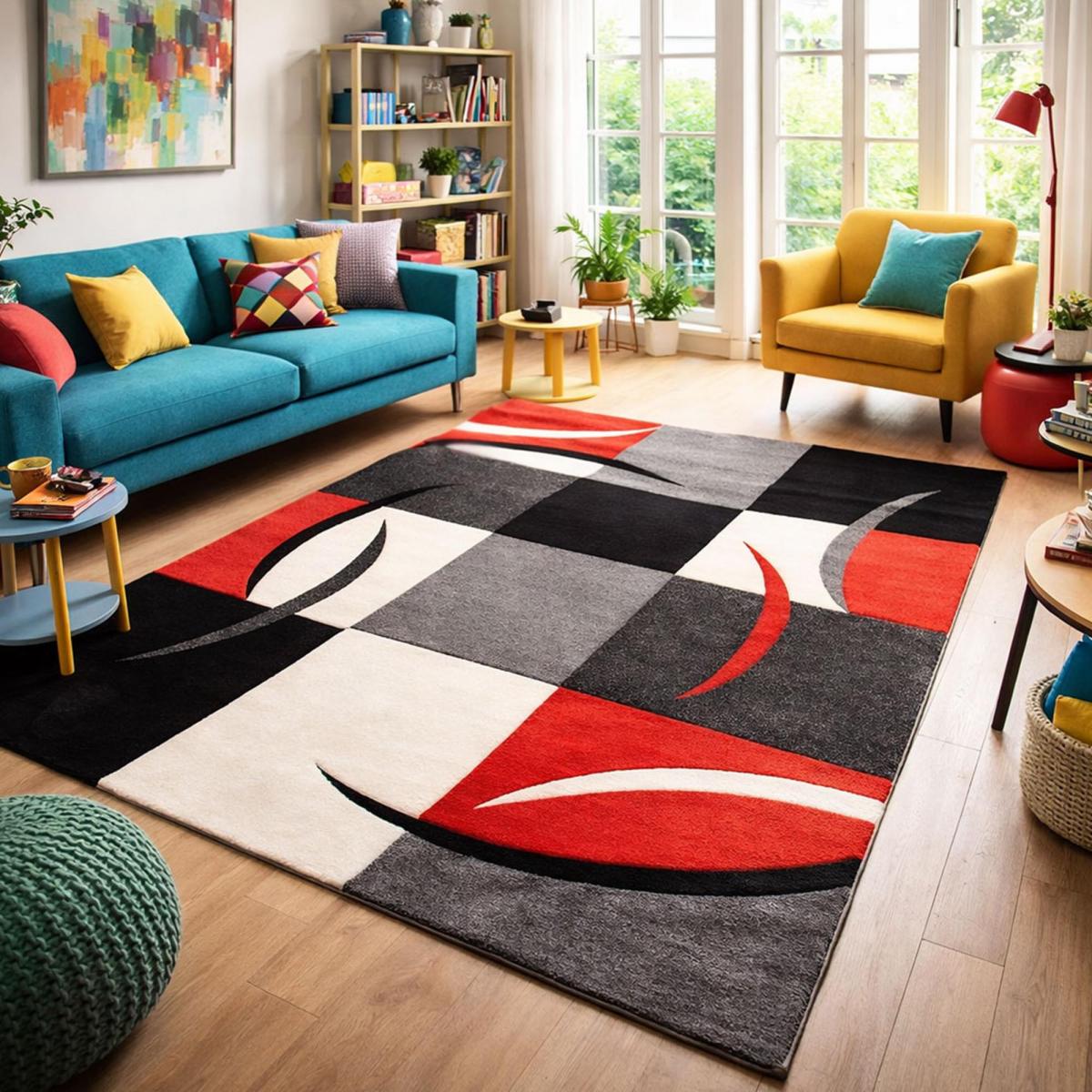 tapis salle à manger 200x290 tissé rouge rectangle motif damier LYN8 COMMA - 2