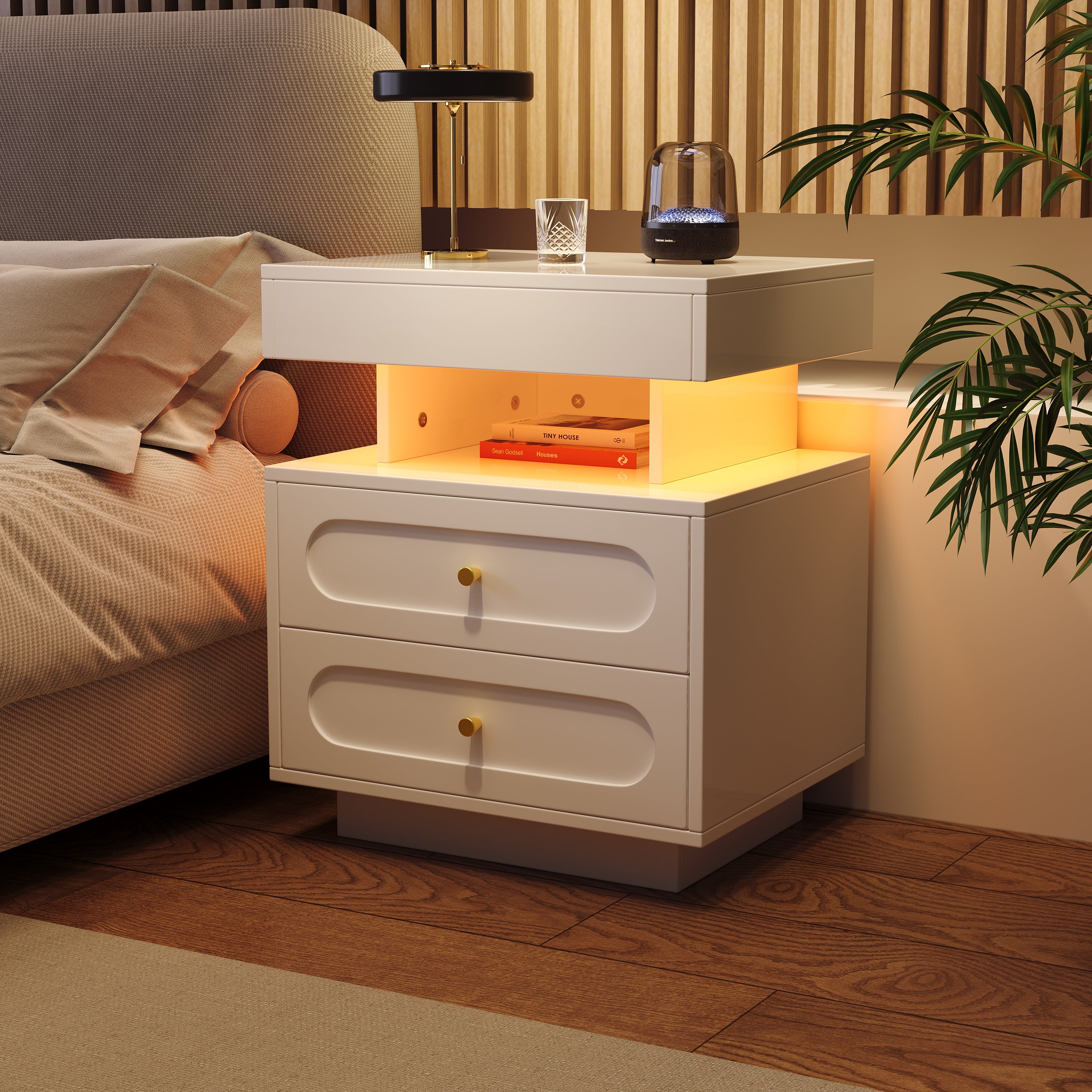 Stolik nocny 50x40x60 cm - z oświetleniem LED - z 2 szufladami i 1 otwartą przestrzenią przechowawczą - Biały - 2