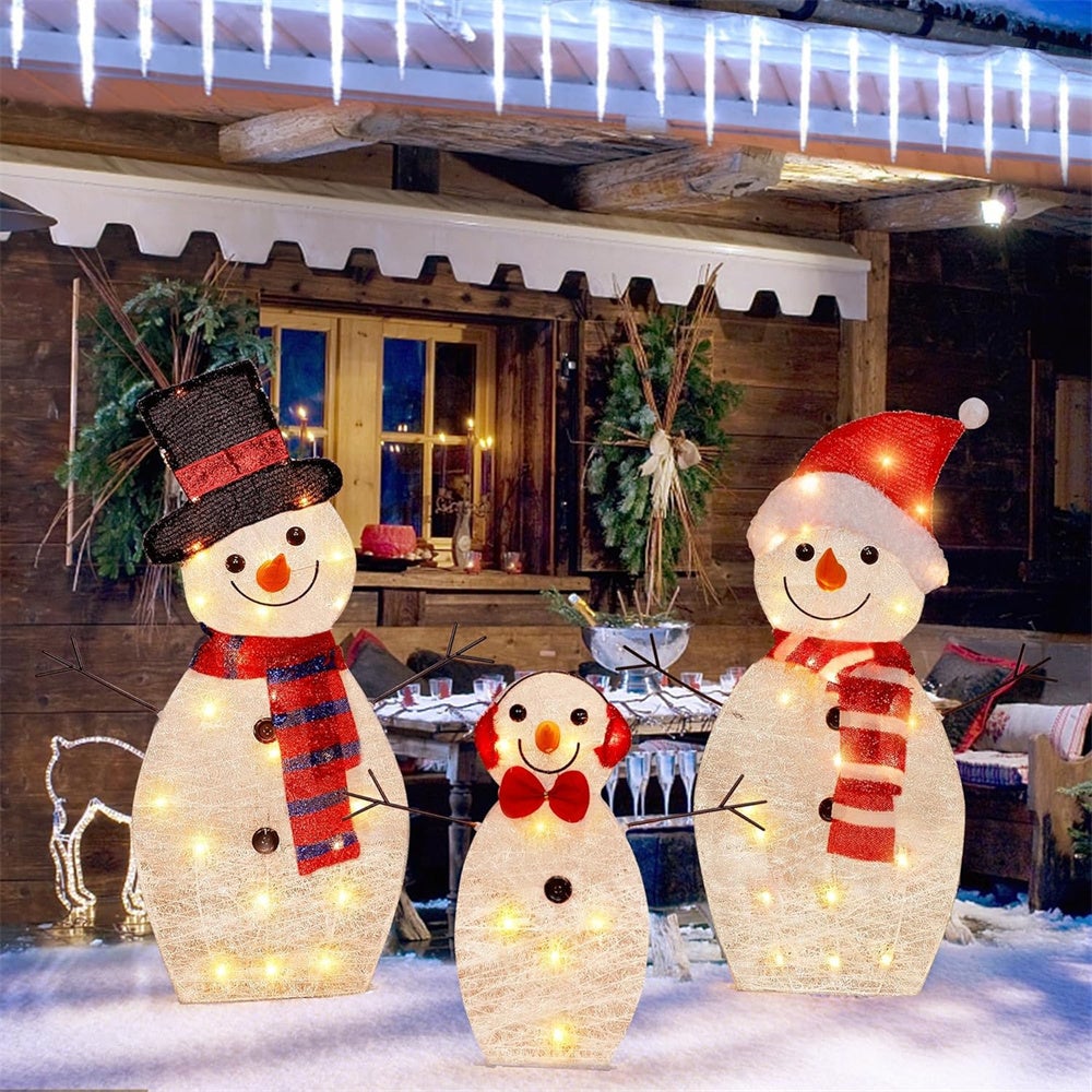 Décorations de Noël pour jardin,lot de 3 bonhommes de neige pré-assemblés et lumineux,lumières LED chaudes,pour décorations intérieures et extérieures - 3