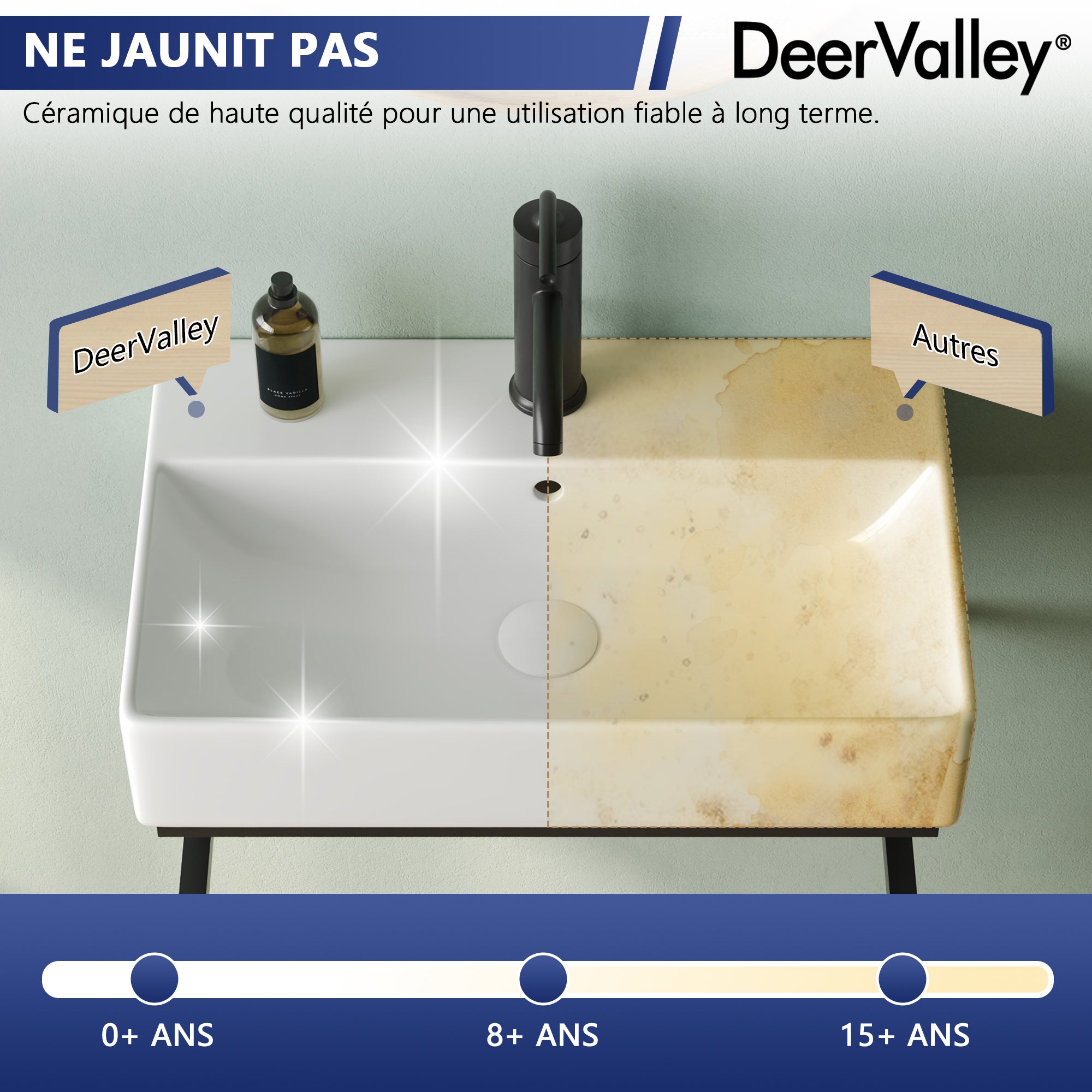 Vasque lave mains Salle de Bain - Vasque lave mains mural rectangulaire blanc mat en céramique avec porte-serviettes - Pour petit espace - DeerValley - 4