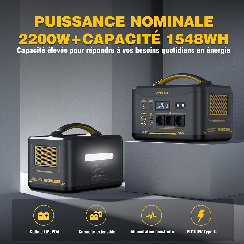 Station d'Énergie Portable VTOMAN Jump 2200 2200W, 1548Wh LiFePO4, Capacité Extensible 3096Wh - 6