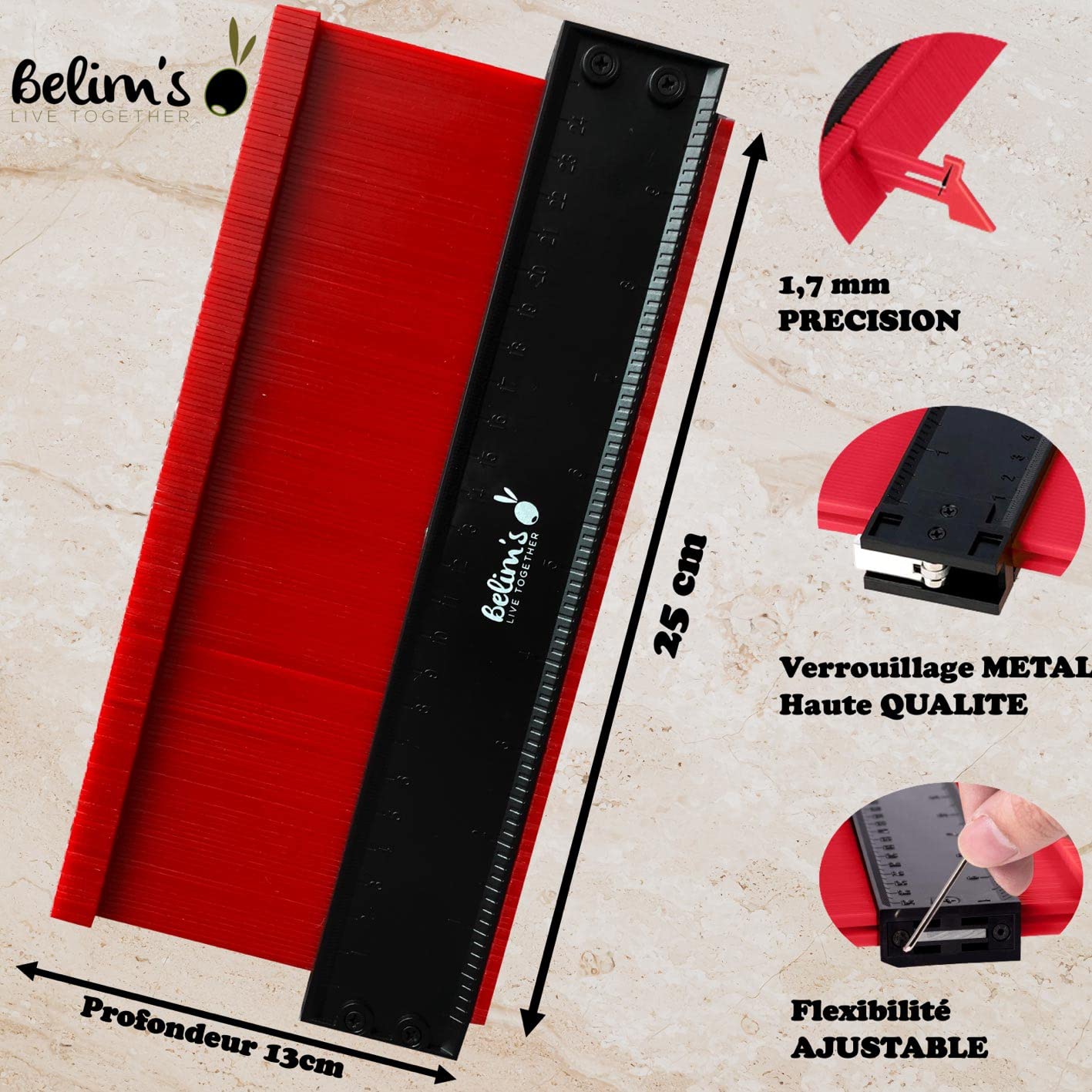 Jauge de contour verrouillable - Duplicateur de contour - Rapporteur de forme - Kit d'outils de mesure pour la pose de carrelage de parquet - 2