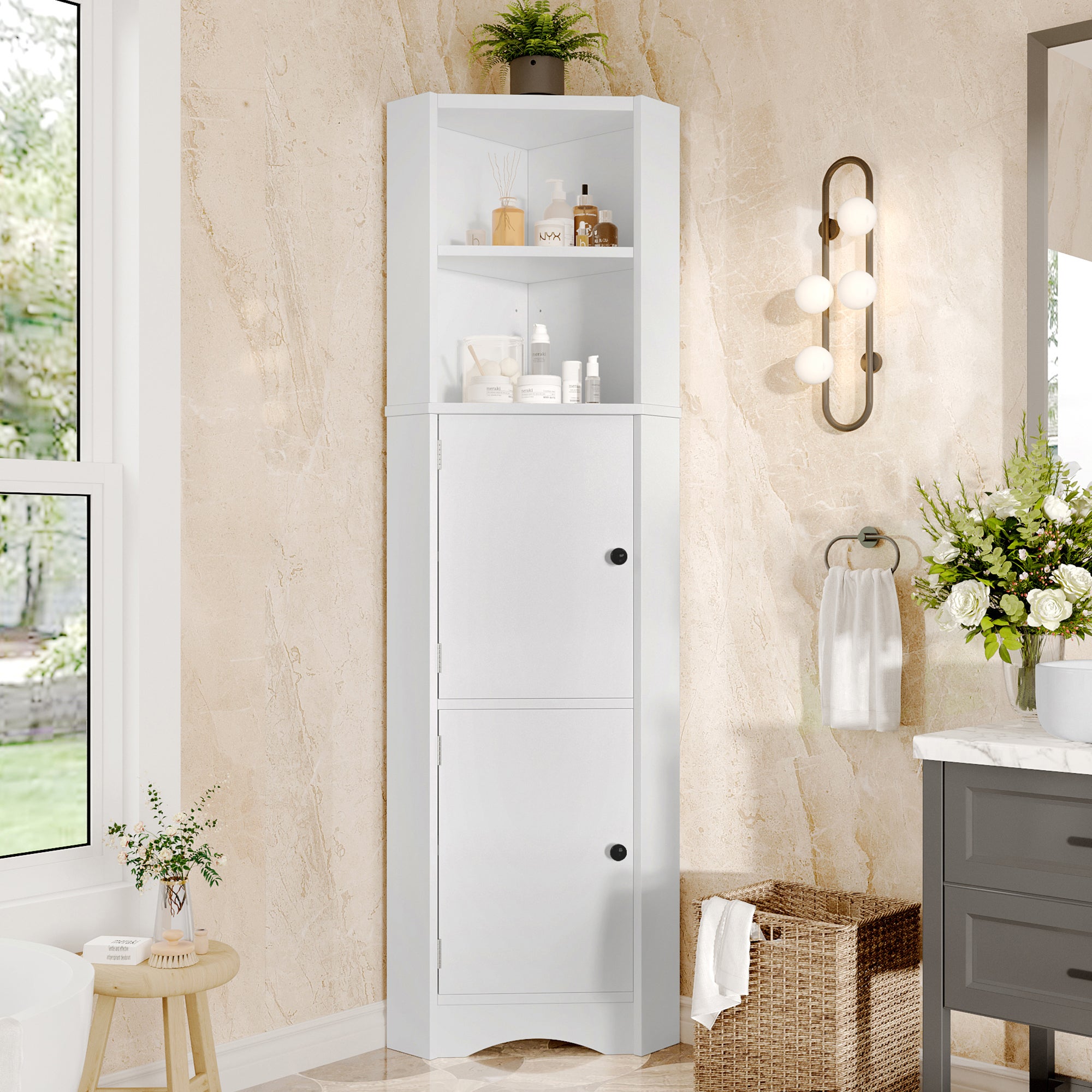 Mueble de baño triangular 51,7x32x155,4 cm - 2 compartimentos abiertos - 2 puertas - estantes ajustables - blanco