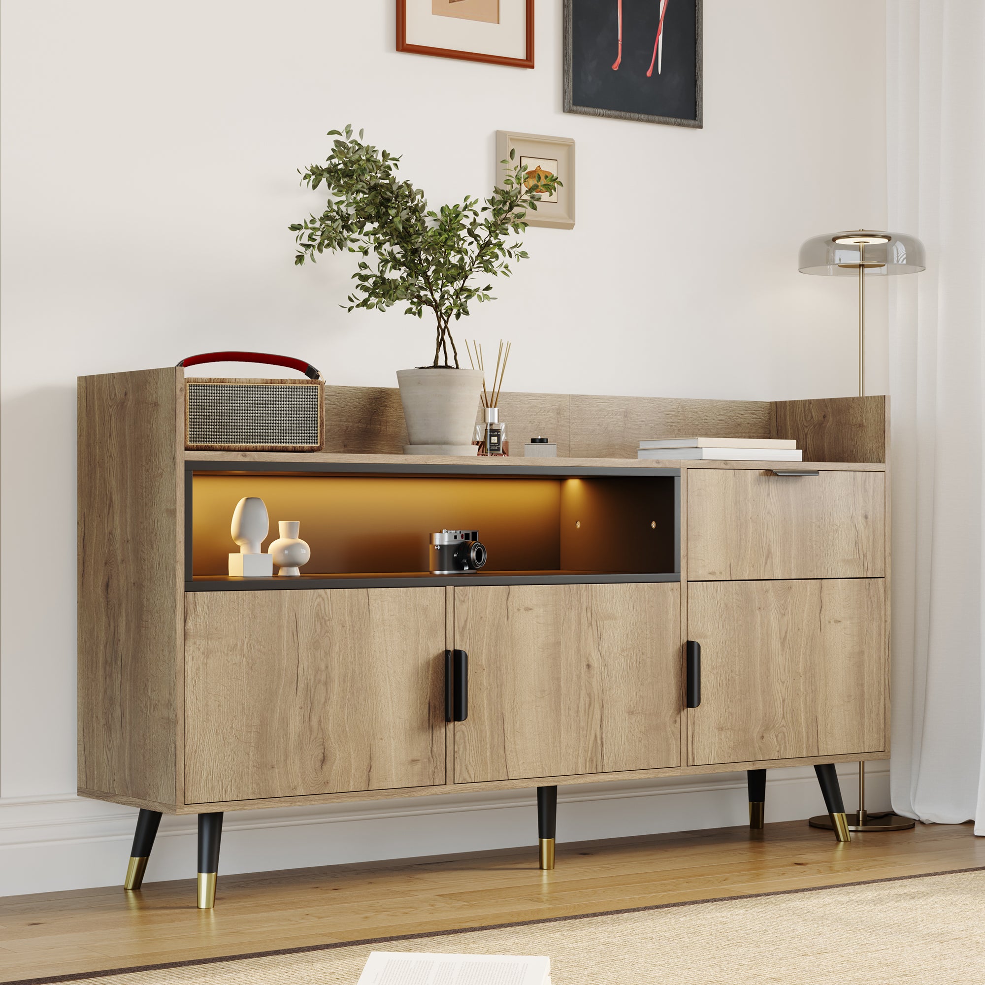 Aparador moderno minimalista: estantes, cajones, puertas batientes. madera resistente, guías silenciosas, para salón, comedor y oficina.