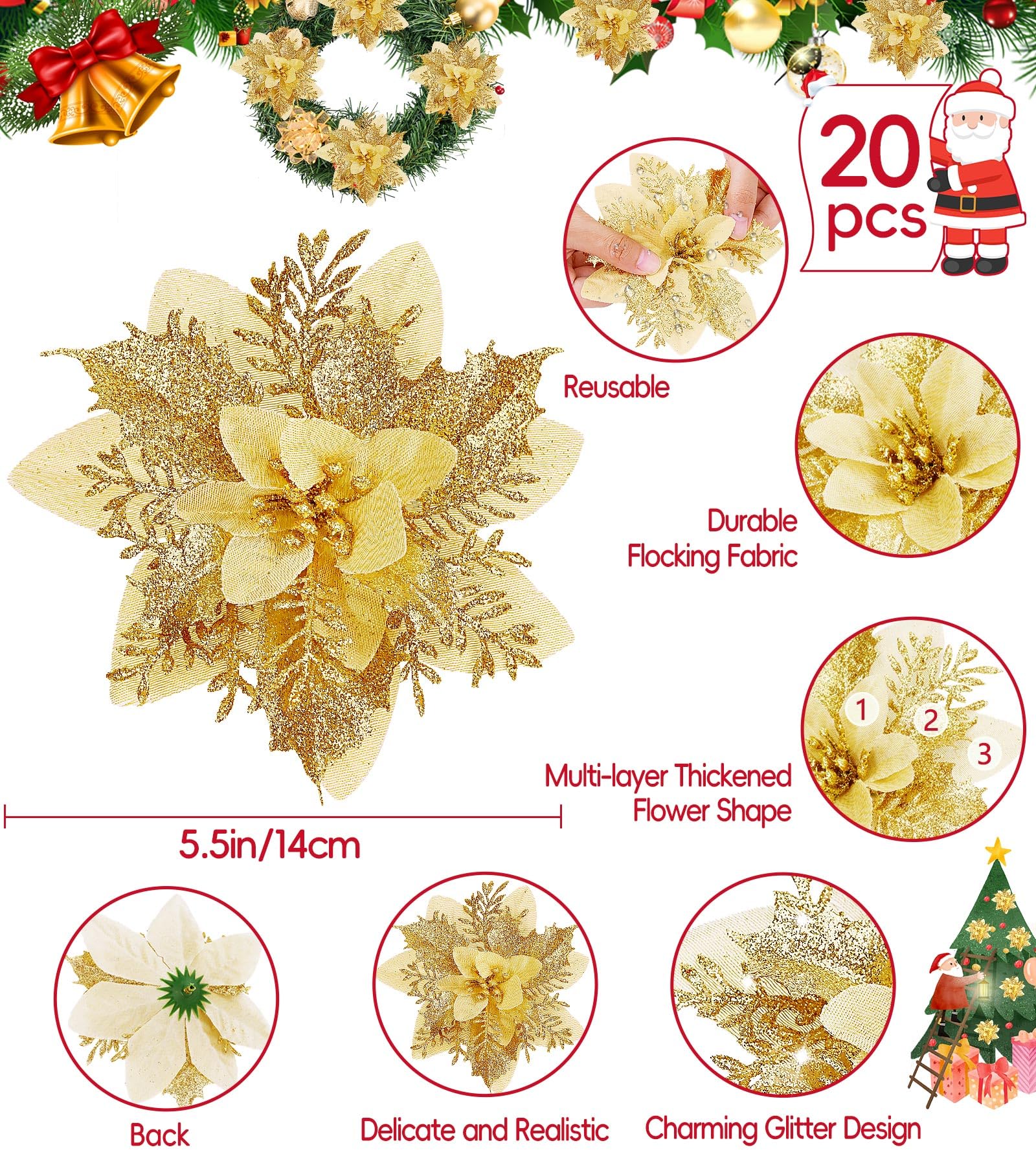 20 decorações de natal dos pces, flores artificiais do natal com grampos, flores artificiais do brilho da decoração da árvore de natal - 4