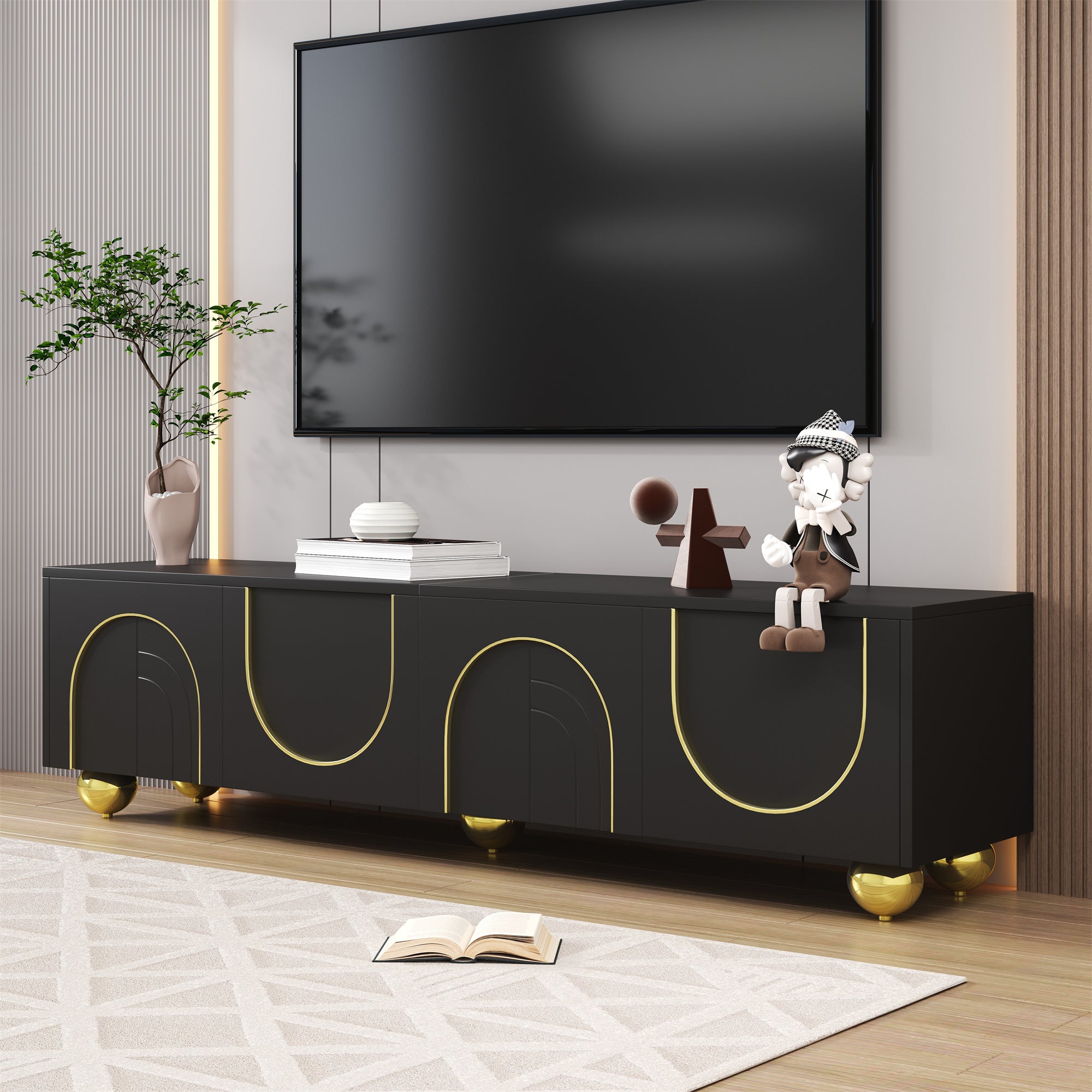 Stojak pod telewizor z 4 drzwiami - 170 x 38 x 44 cm - Płyta wiórowa i okrągłe, złote nogi - Teksturowany wzór - Czarny