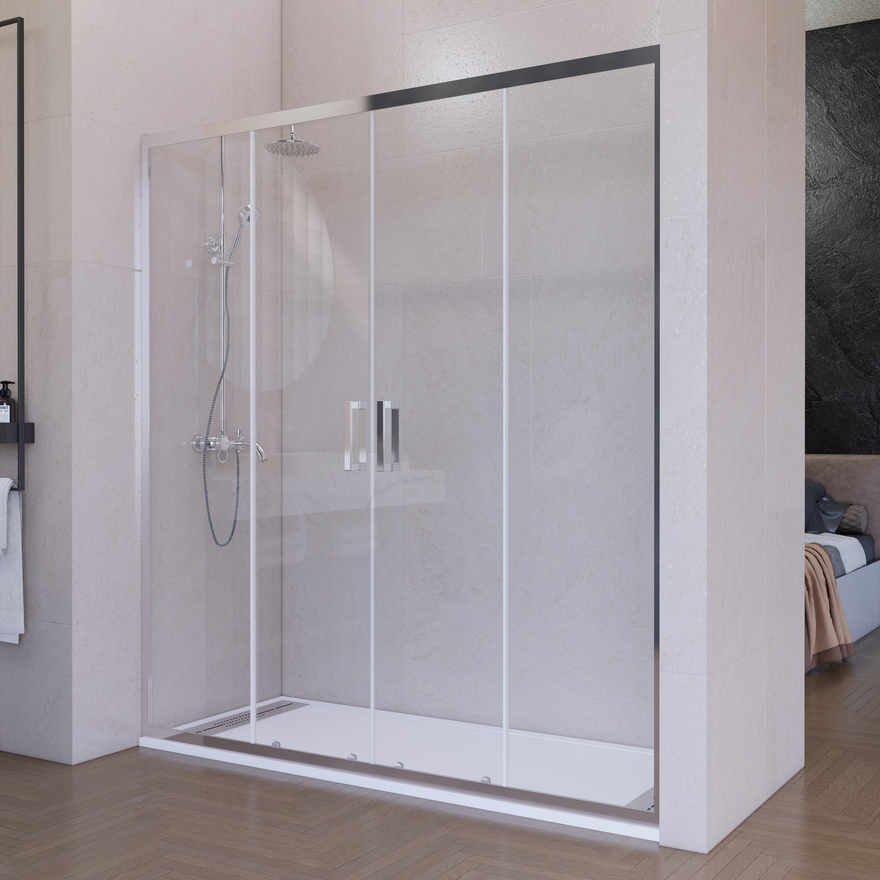 Mampara de ducha frontal corredera 140 cm 2 puertas + 2 fijos plata cromo cristal transparente 6 mm perfil inferior 195 cm altura