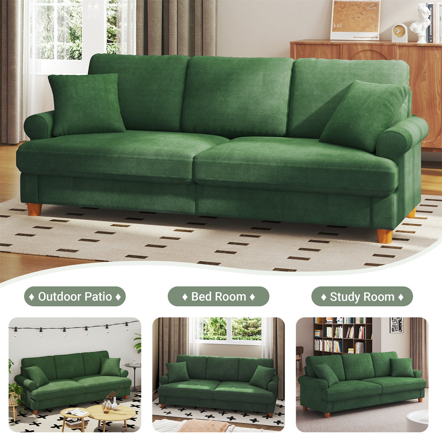 Grand Canapé 3 Places en Chenille Vert avec accoudoirs,coussins et oreillers,Canapé Scandinave pour le salon,220×74×86cm - 3