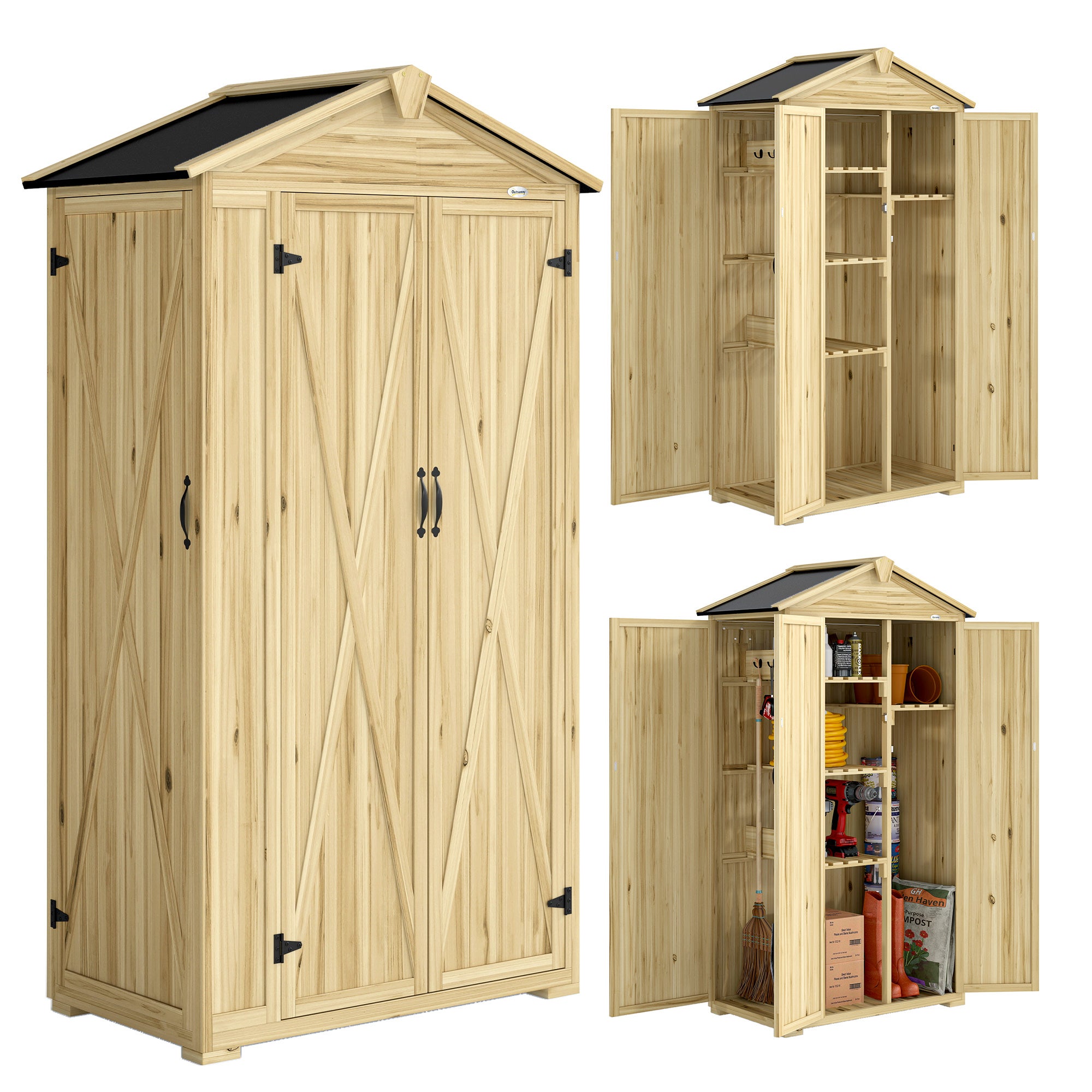 Armario de jardín de 3 puertas con 4 estantes y ganchos, fabricado en madera de abeto, 93x53x168 cm, color madera.