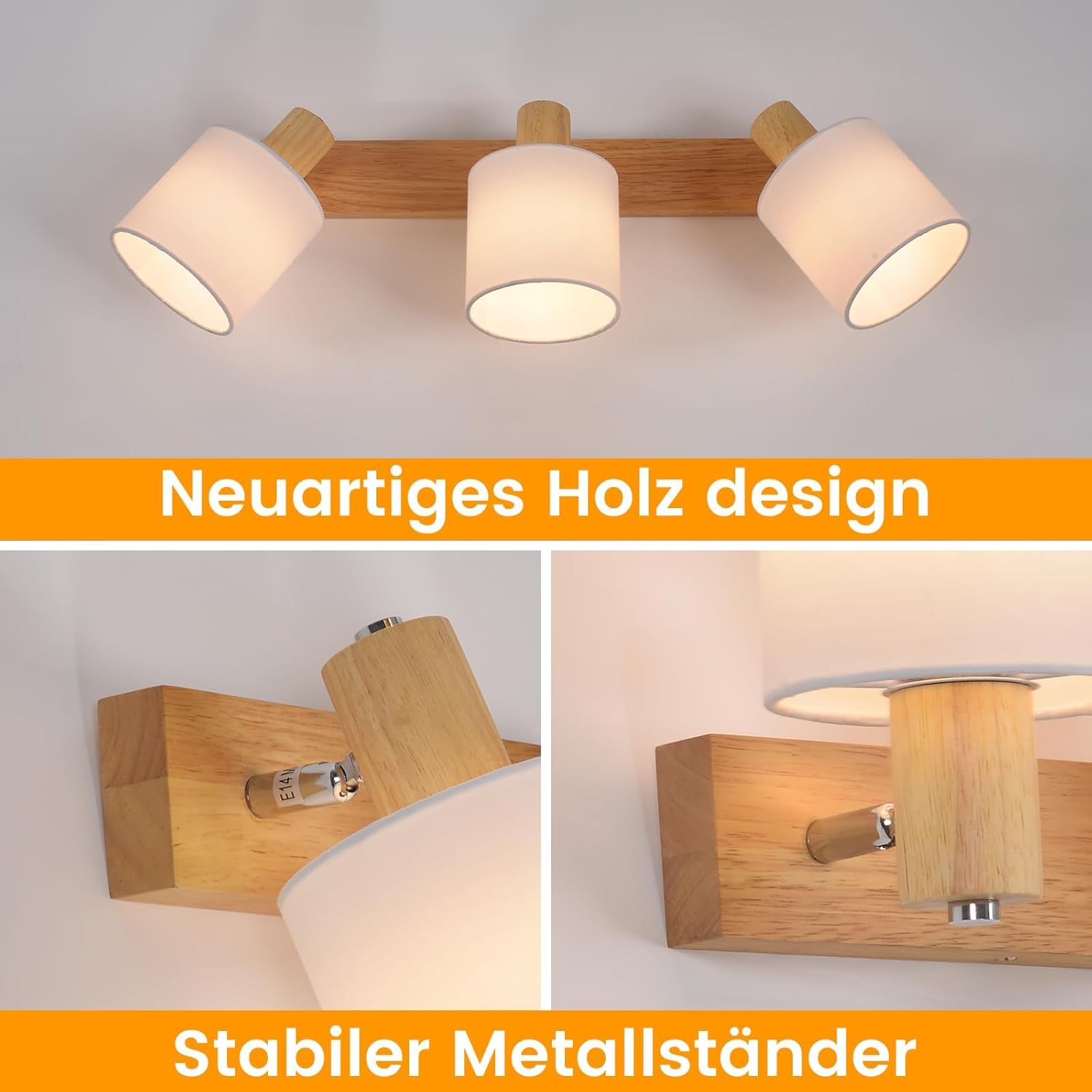 NETTLIFE 3 Focos de Techo Moderno de Pared de Madera Giratorio 350° E14 MAX.25W Lámpara para Salón Dormitorio (Sin Bombilla) - 3
