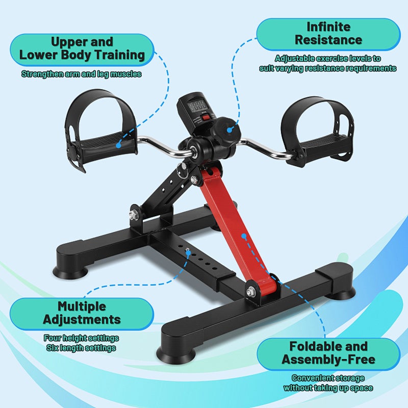 Mini bicicleta estática dobrável com pedais - - Para treinar pernas e braços - Musculação Preto e vermelho - 3