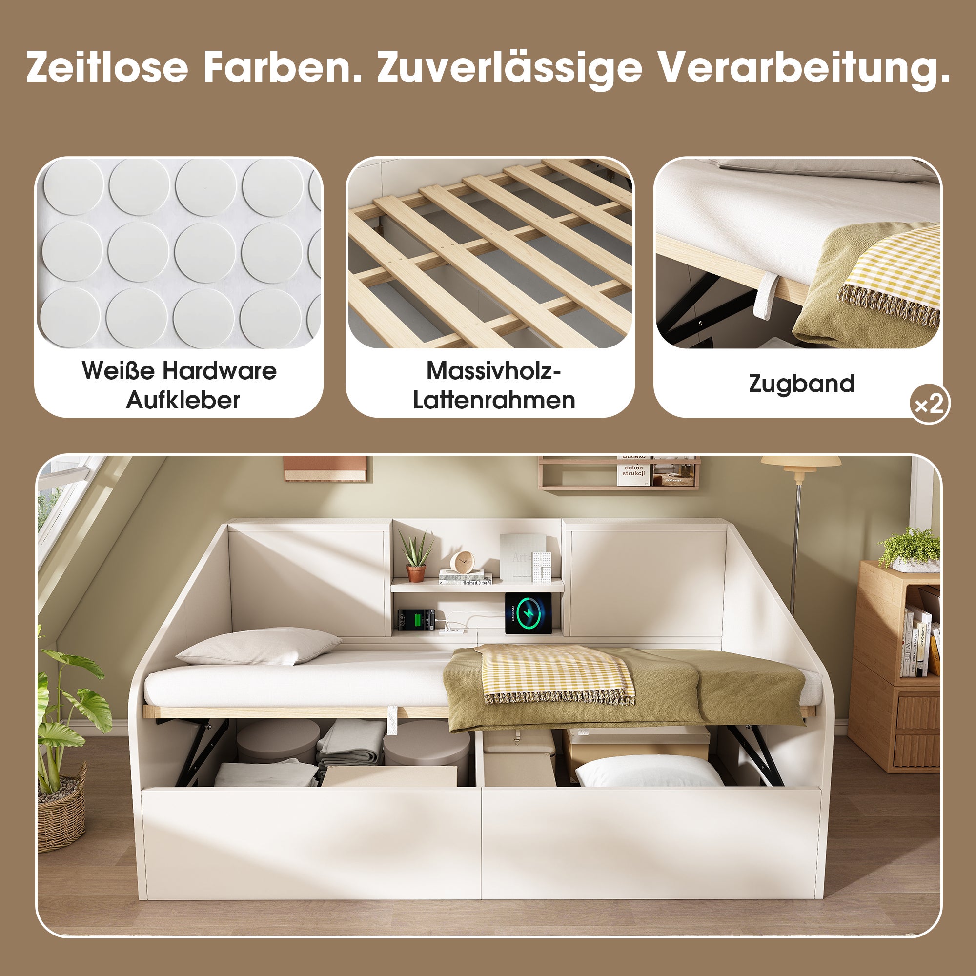 Łóżko z pojemnikiem 90 x 190 cm i 2 półkami – sosna + płyta wiórowa – porty ładowania USB/typu C – białe (materac nie jest dołączony) - 3