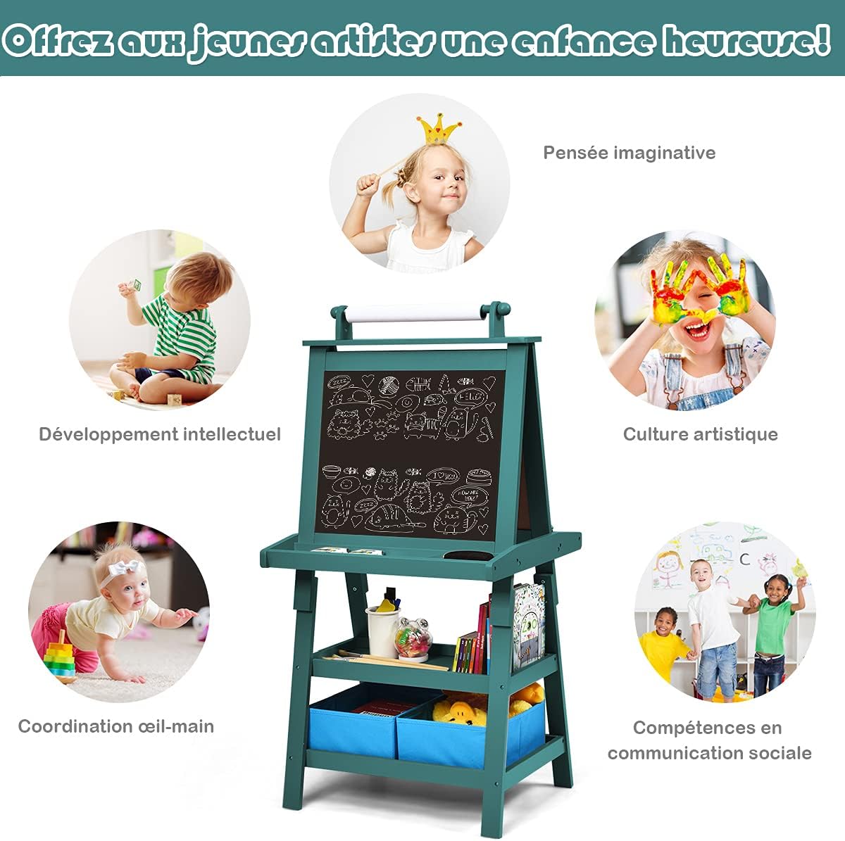 Chevalet pour Enfants 3 en 1 Tableau de Dessin Magnétique Double Faces (Tableau Blanc + Tableau Noir) avec Rouleau de Papier, 2 Etagères, Bleu - 7