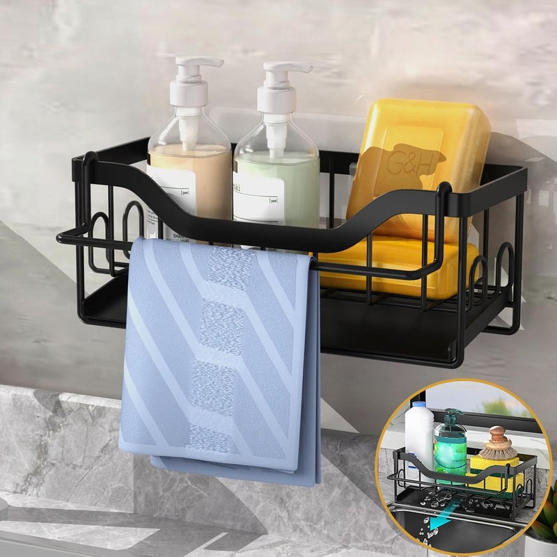 Uchwyt na gąbkę do zlewu kuchennego - ścienny organizer do zlewu kuchennego - z tacką ociekową - z wieszakiem na ręczniki - uchwyt na gąbkę do zlewu k