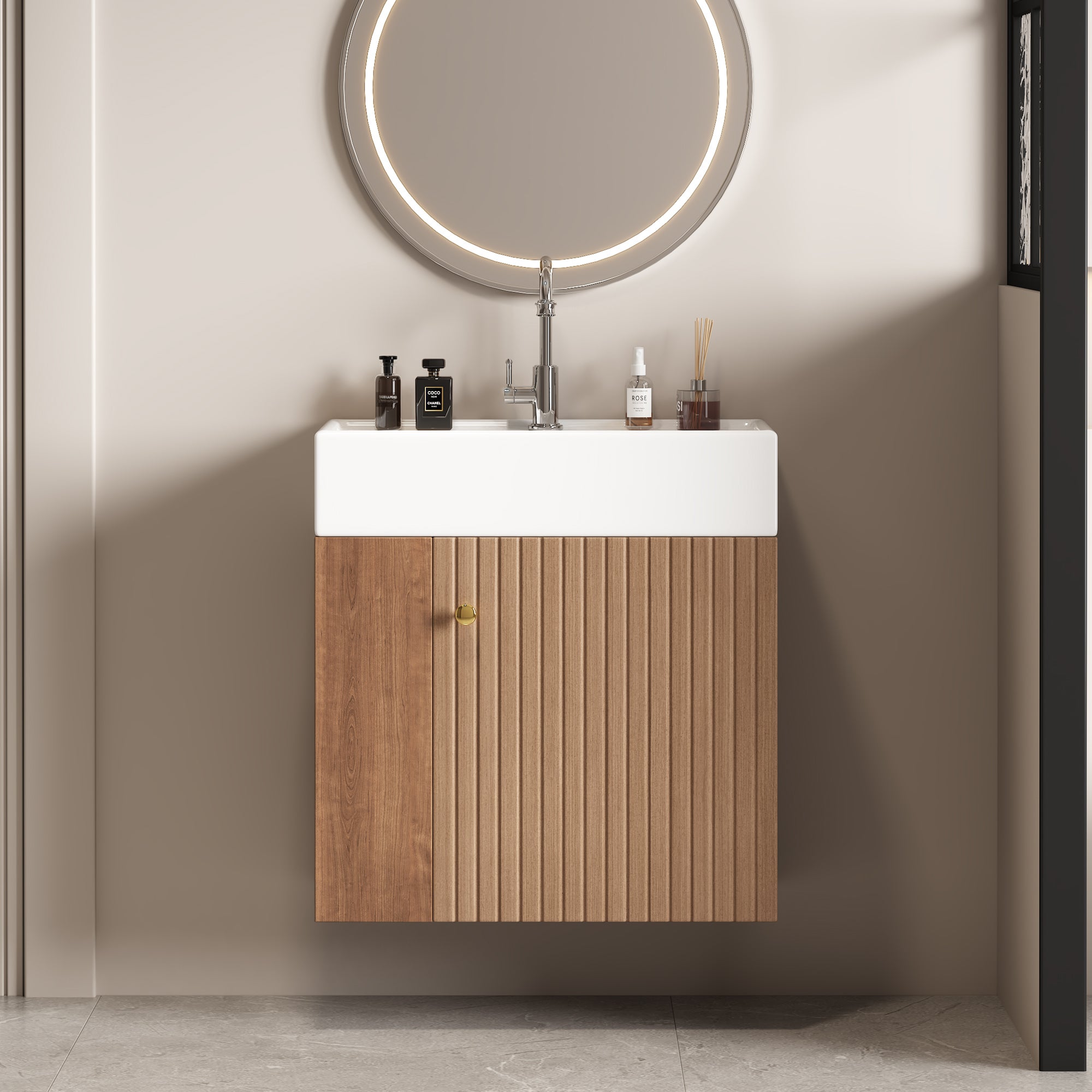 Meuble de salle de bain suspendu avec vasque carreé - 4 compartimrnts - Marron(robinet non inclus) - 4