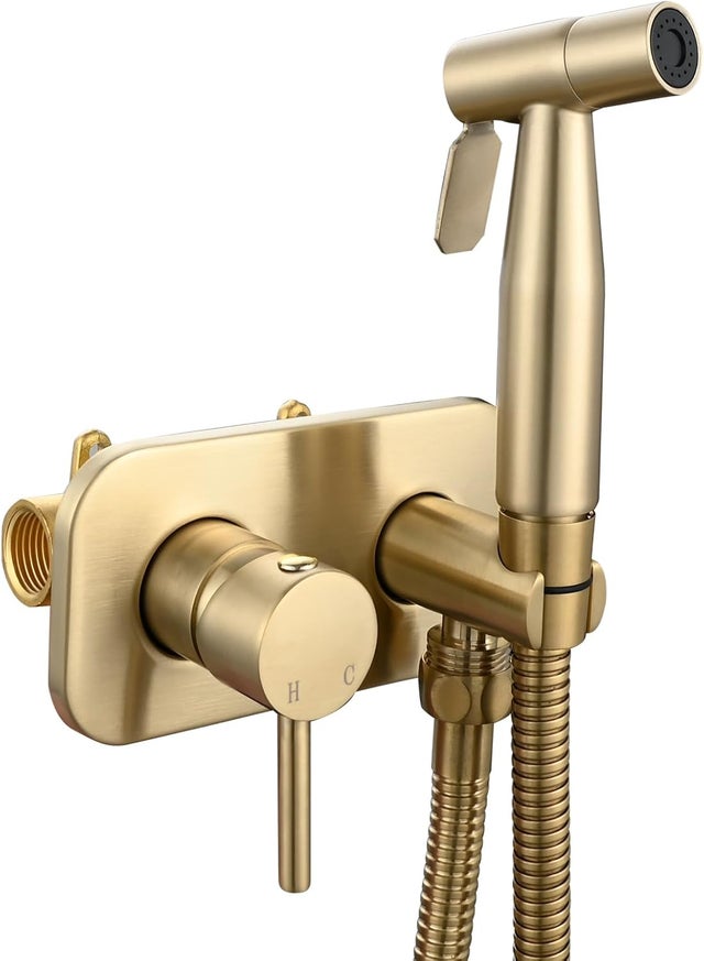 Acier Inoxydable Douchette WC Kit en Bidet Portable Tuyau de Douche Eau Chaude et Eau Froide Bidet Toilette Kit Complet, Or Brossé