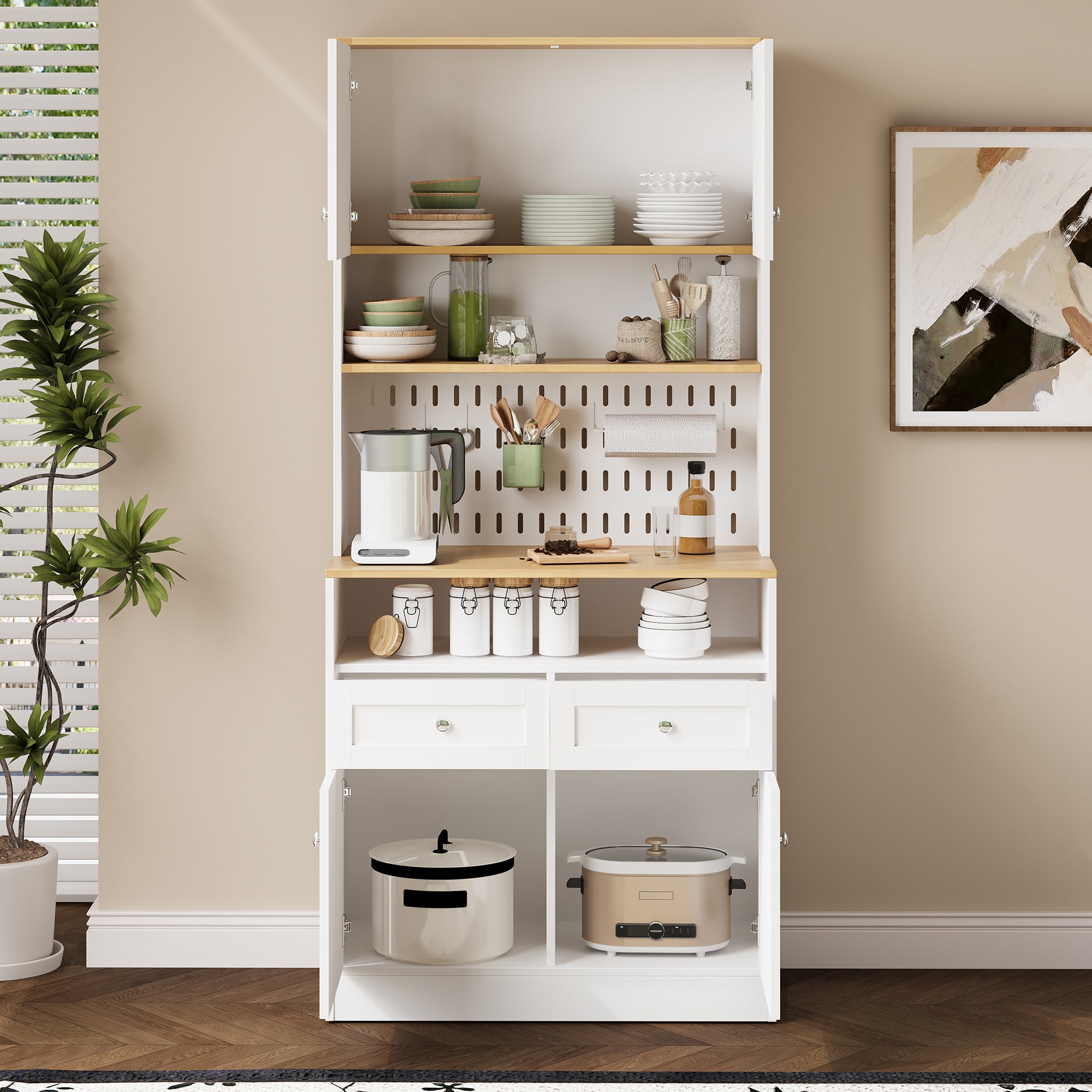 Nowoczesna komoda 80x40x175 cm - Z 2 szufladami i 4 drzwiami - Z perforowanym panelem - Płyta MDF + płyta wiórowa - Biały i naturalny - 3