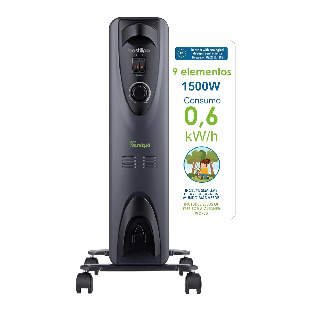 Bastilipo - RC-ECOFLUID-9, Radiador ecológico compacto con H2O natural liquid, extra bajo consumo, 1500W - 2