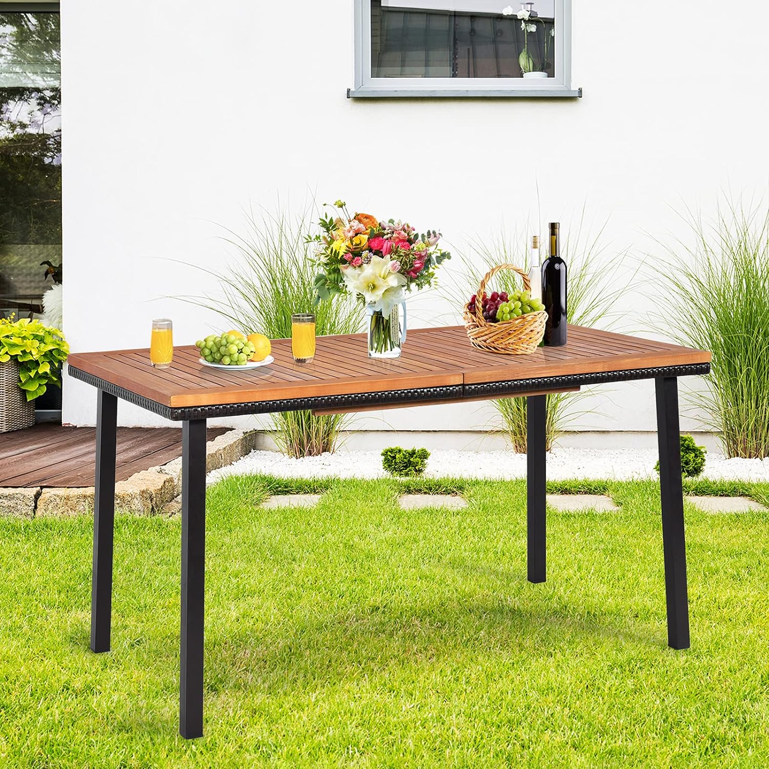 Table de Jardin en Acacia Massif Certifié FSC, avec Trou de Parasol, 140Lx75lx76H CM,Table à Manger d'Extérieur 6-8 Personnes, Naturel - 4