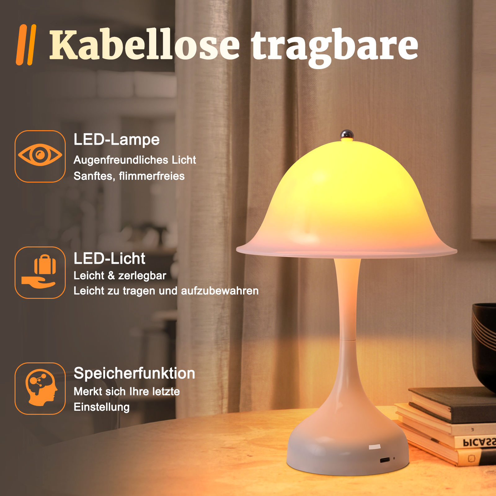 ZMH Lampa stołowa, lampka nocna, LED, ściemnialna, ładowana przez USB, do sypialni - 7