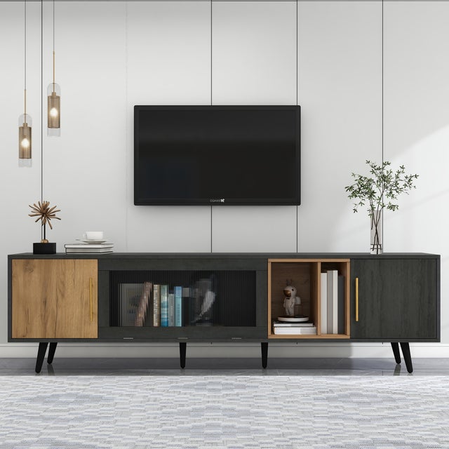Stojak pod TV z 3 drzwiami i 2 półkami na telewizor 90 cali - 200 x 40 x 55,5 cm - drewno MDF - kolor szary i dąb