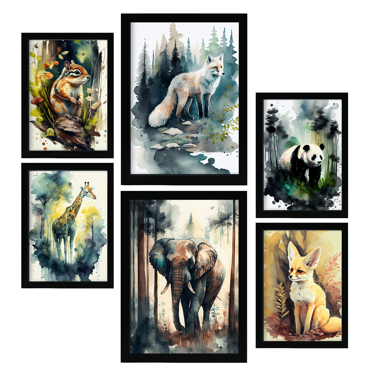 Nacnic posters de bosque y sabana coloridas ilustraciones de animales en paisajes naturales estilo acuarela para la a4 & a3 marco negro